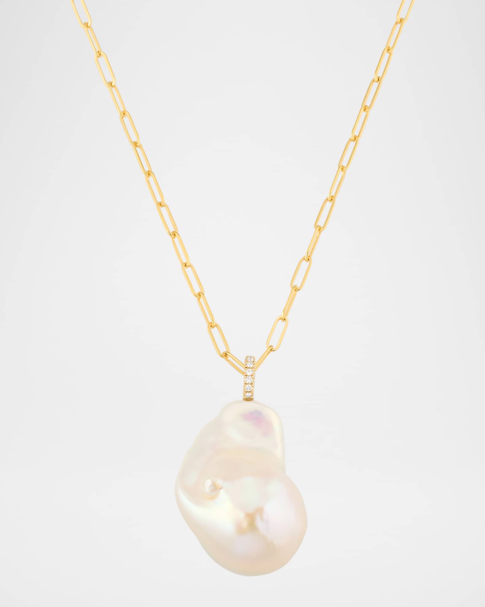 14K Yellow Gold Diamond and Baroque Pearl Link Chain Necklace, 27"L 0