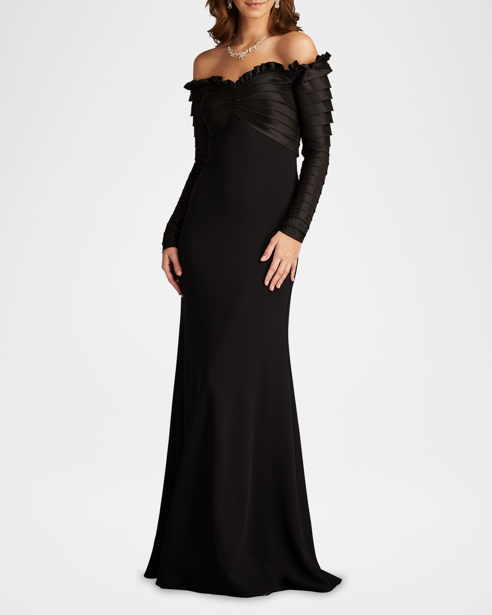 Off Shoulder Pleated Taffeta and Crepe Gown