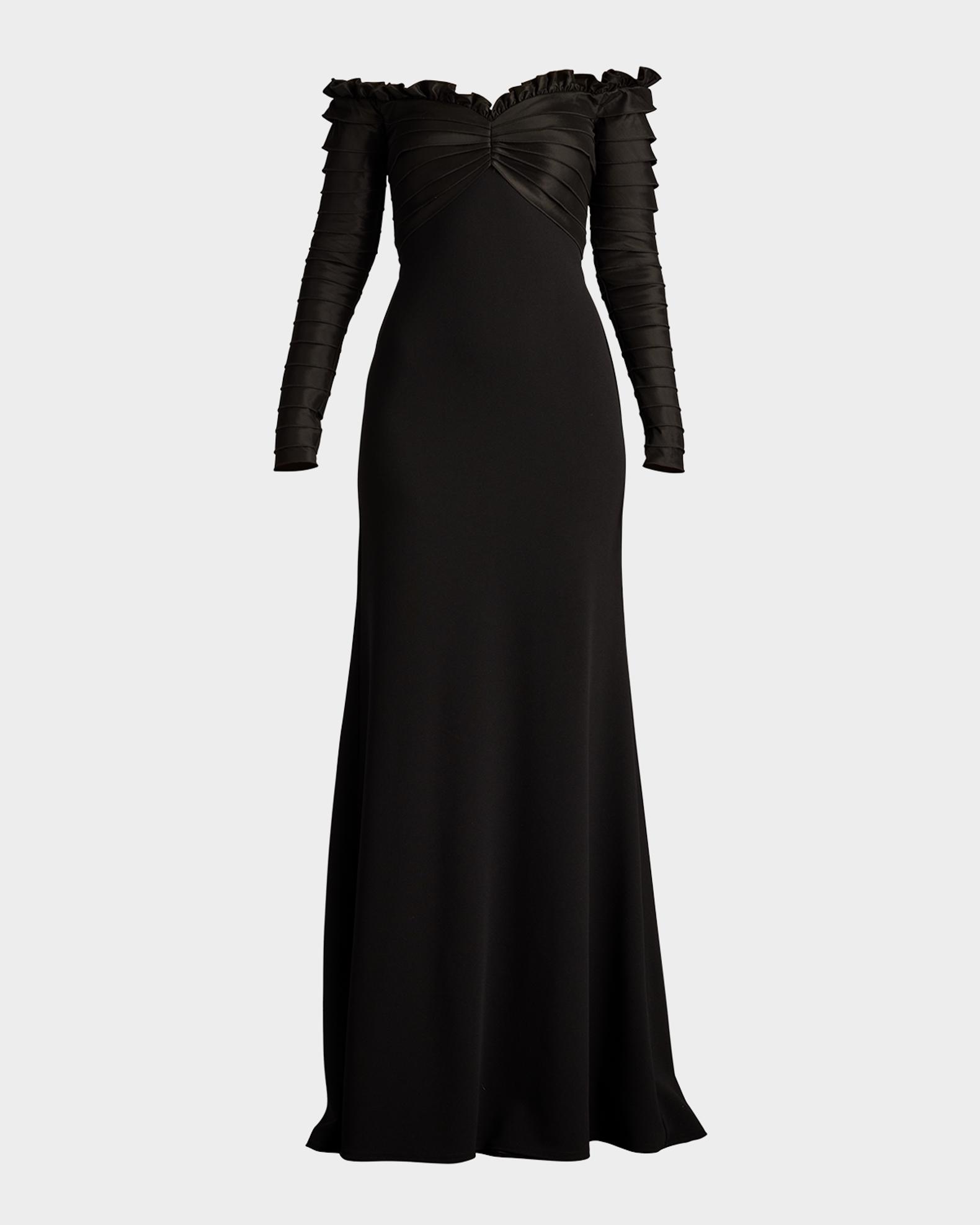 Tadashi Shoji Off-Shoulder Pleated Taffeta and Crepe Gown | Neiman Marcus