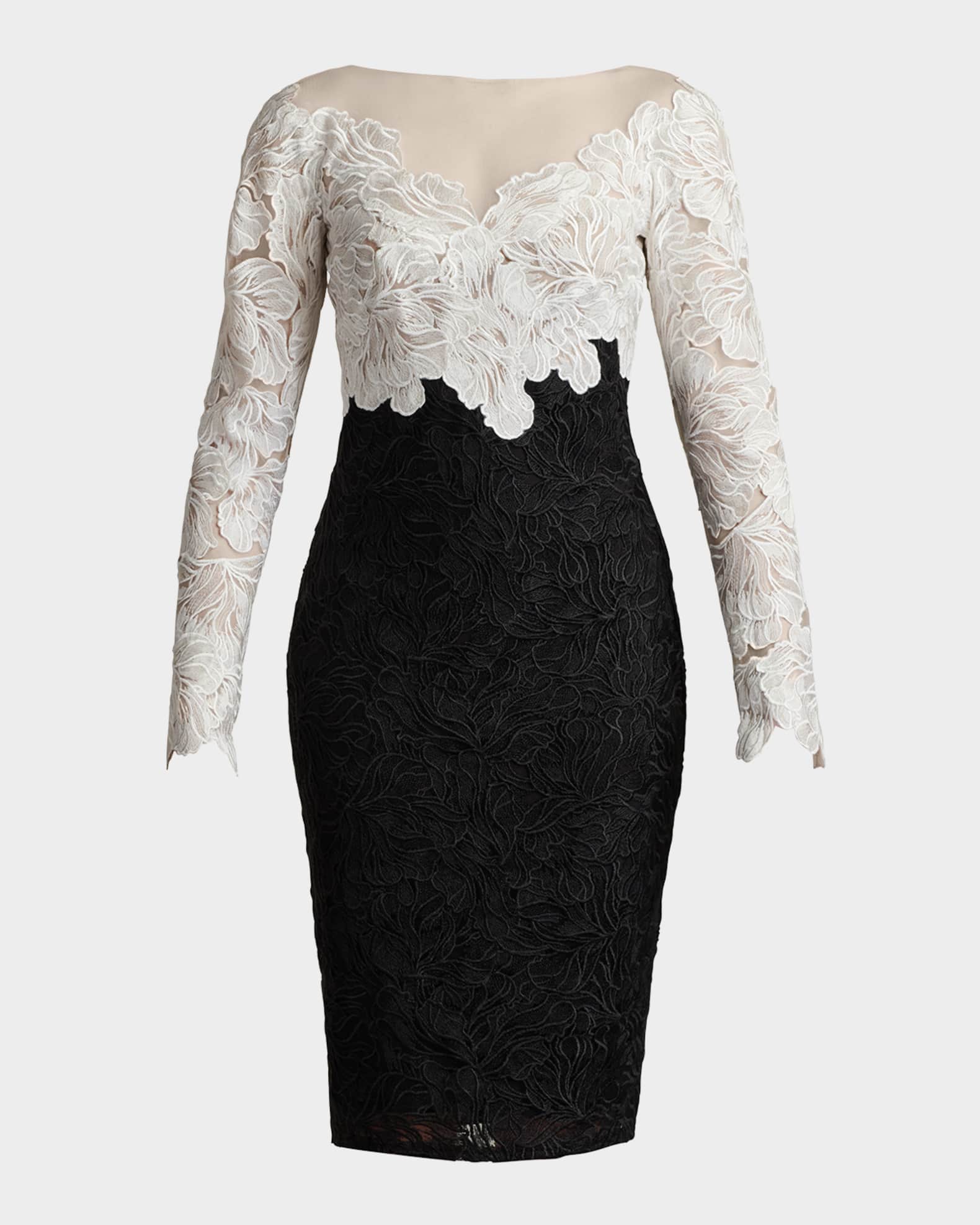 Tadashi Shoji Two-Tone Floral Lace Illusion Dress | Neiman Marcus