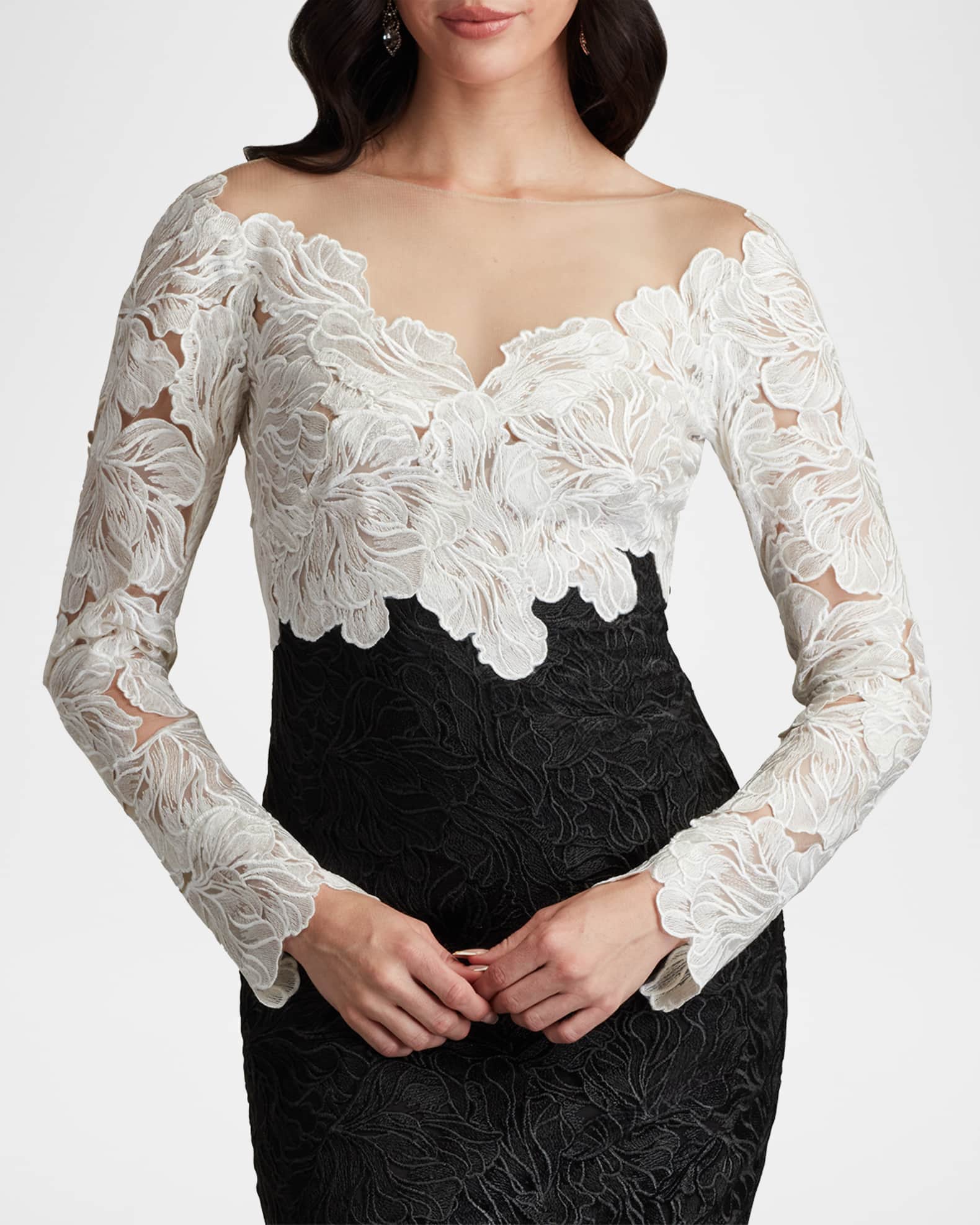 Tadashi Shoji Two-Tone Floral Lace Illusion Dress | Neiman Marcus
