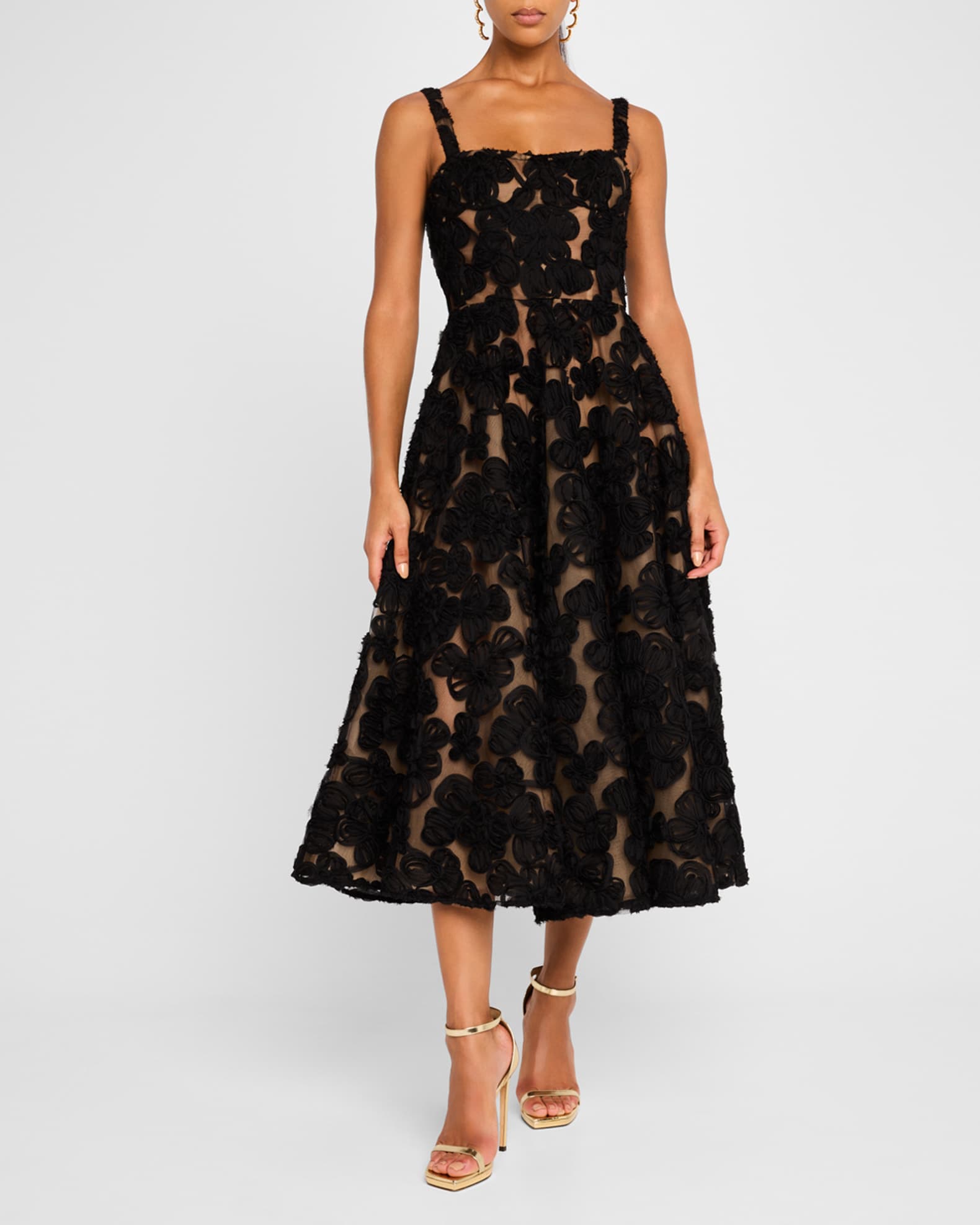 Bronx and Banco Sabrina Floral Applique Midi Dress Black