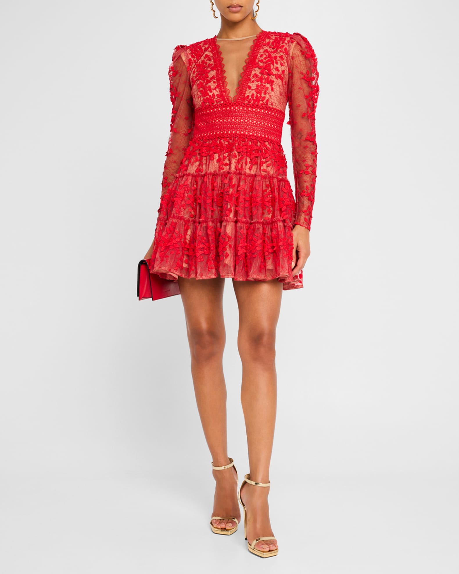 Bronx and Banco Megan Tiered Floral Applique Lace Mini Dress Neiman