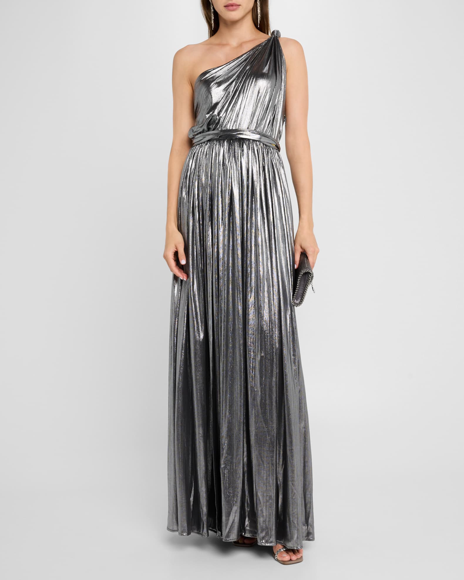 Bronx and Banco Goddess Metallic One Shoulder Gown Neiman Marcus
