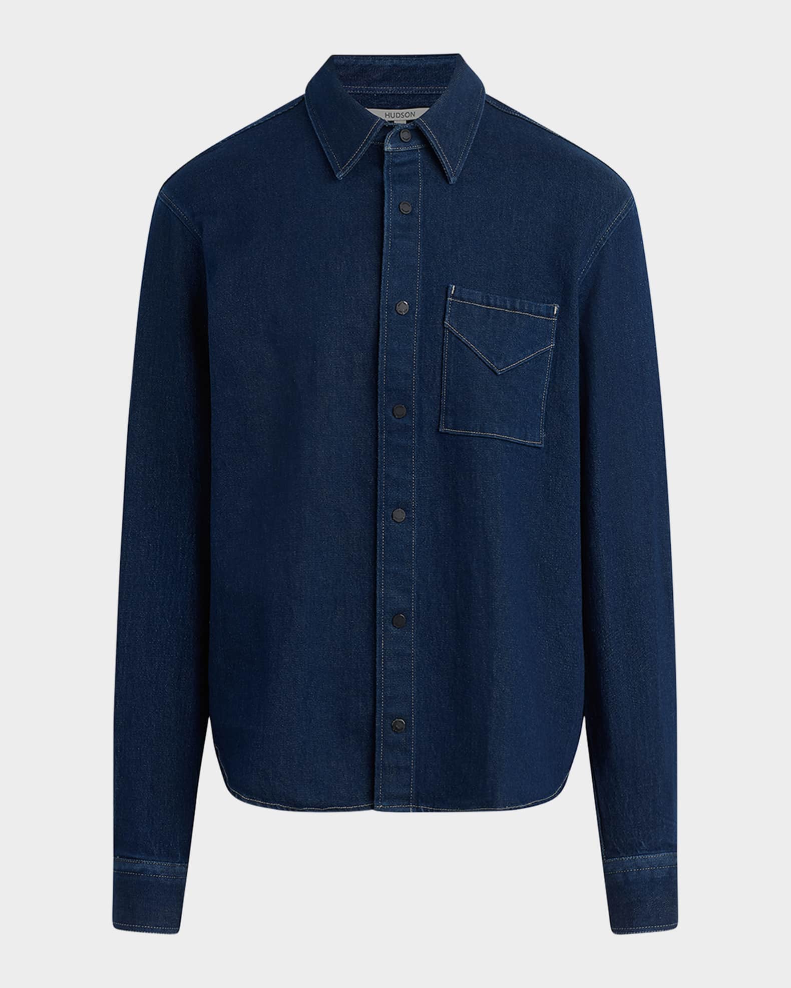 Men's Navy Blue Denim Button Down Shirt with Chest Pocket main image 0