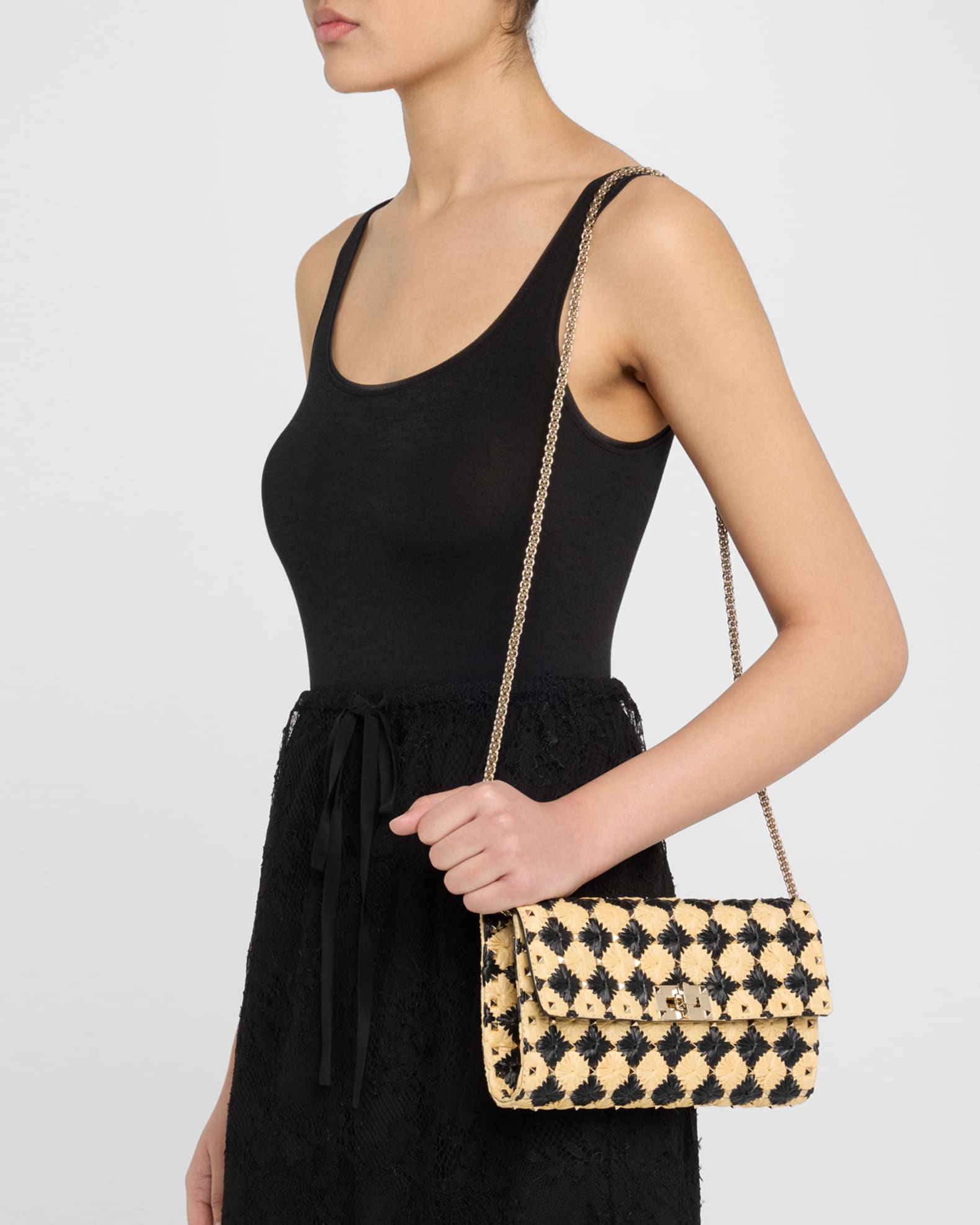 Rockstud Embroidered Raffia Shoulder Bag 1