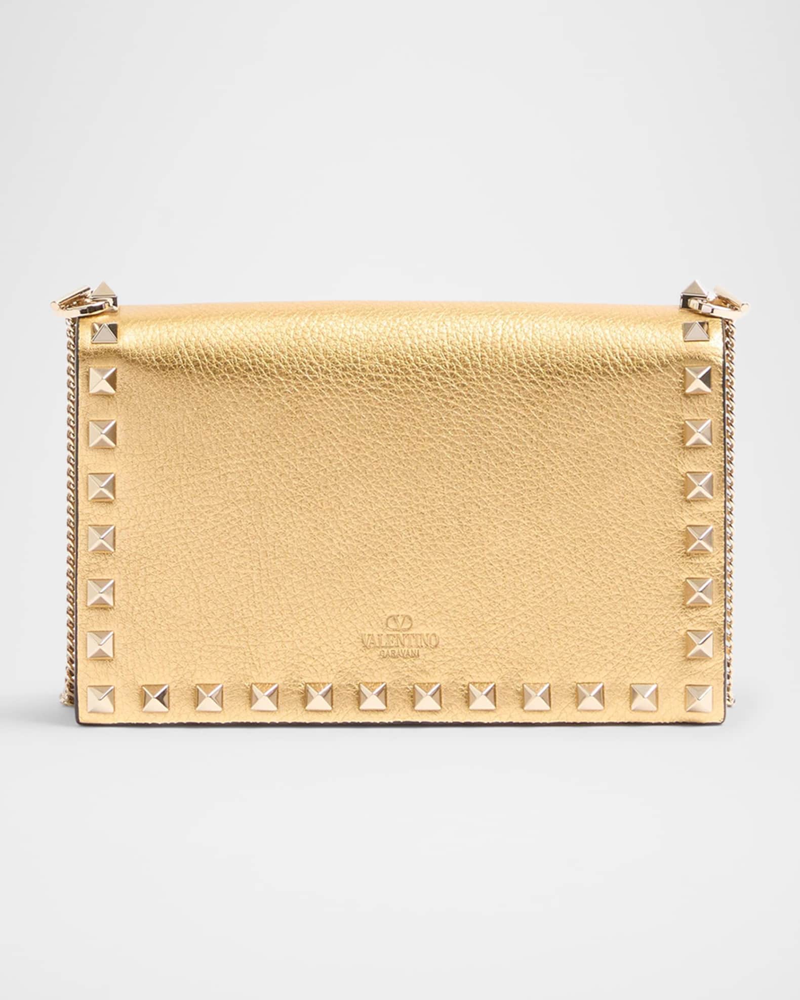 Mini Rockstud Metallic Leather Wallet on Chain
