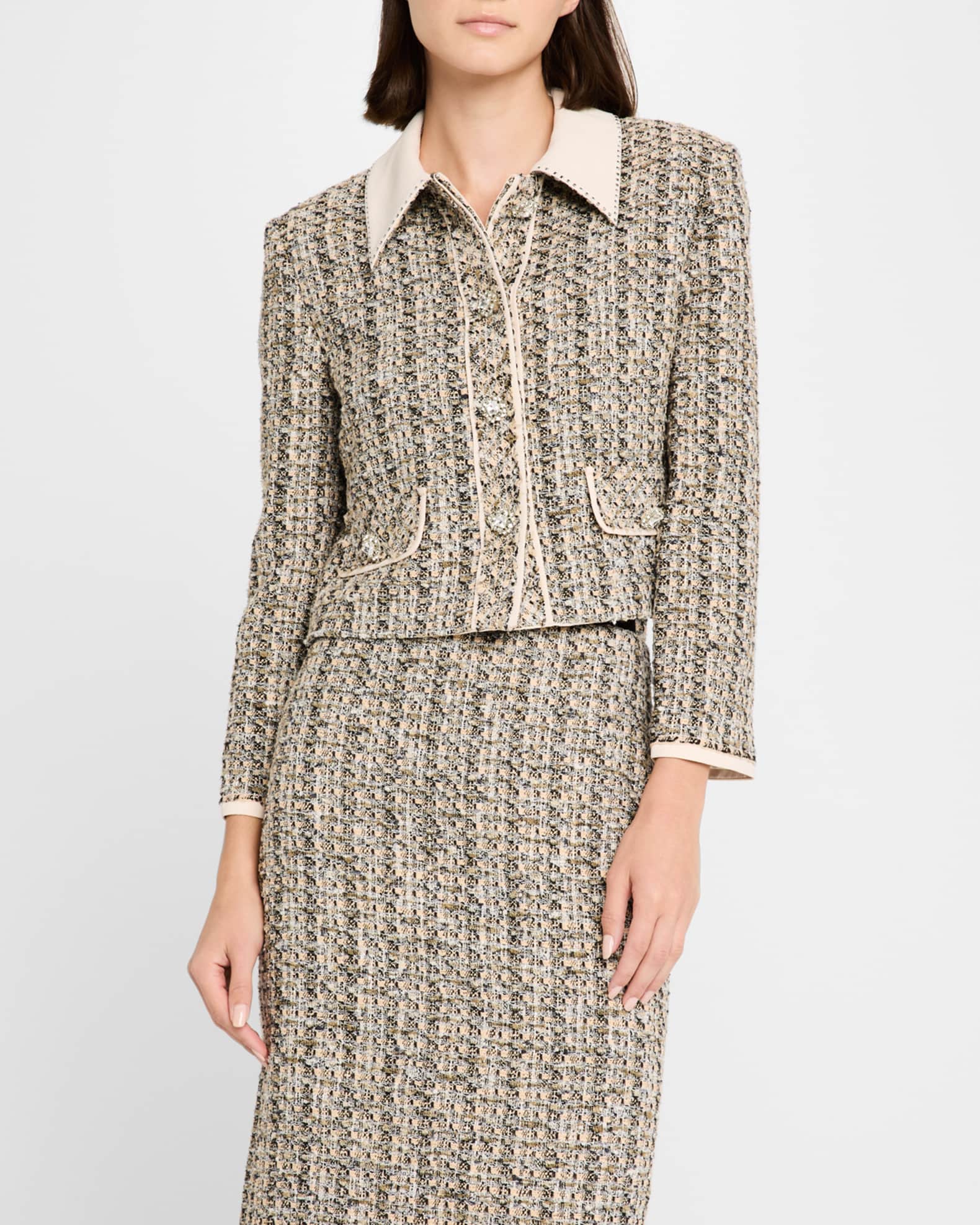 St. John Stud-Collar Metallic Tweed Collage Jacket | Neiman