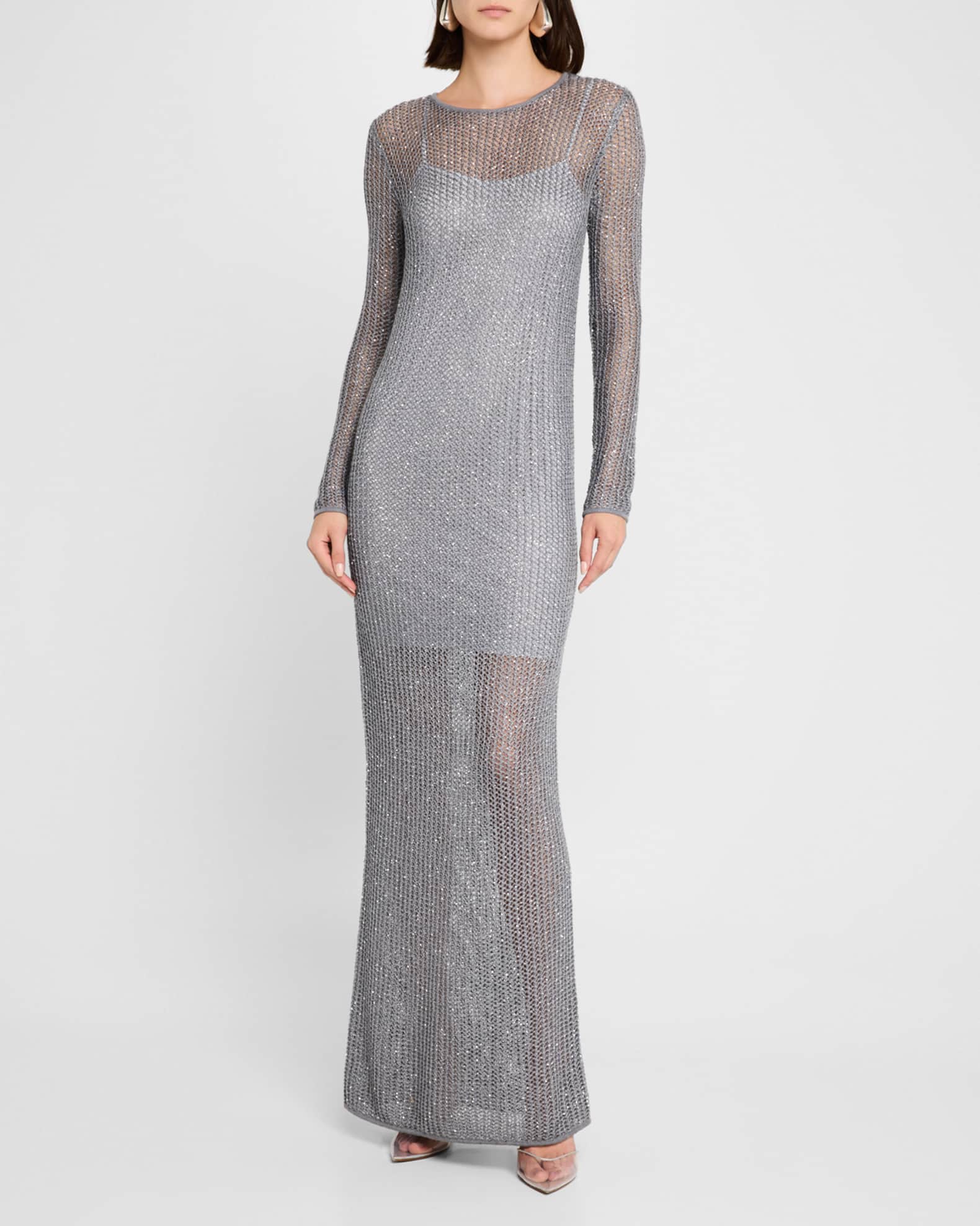 Sequin Mesh Knit Long-Sleeve Gown With Slip 1