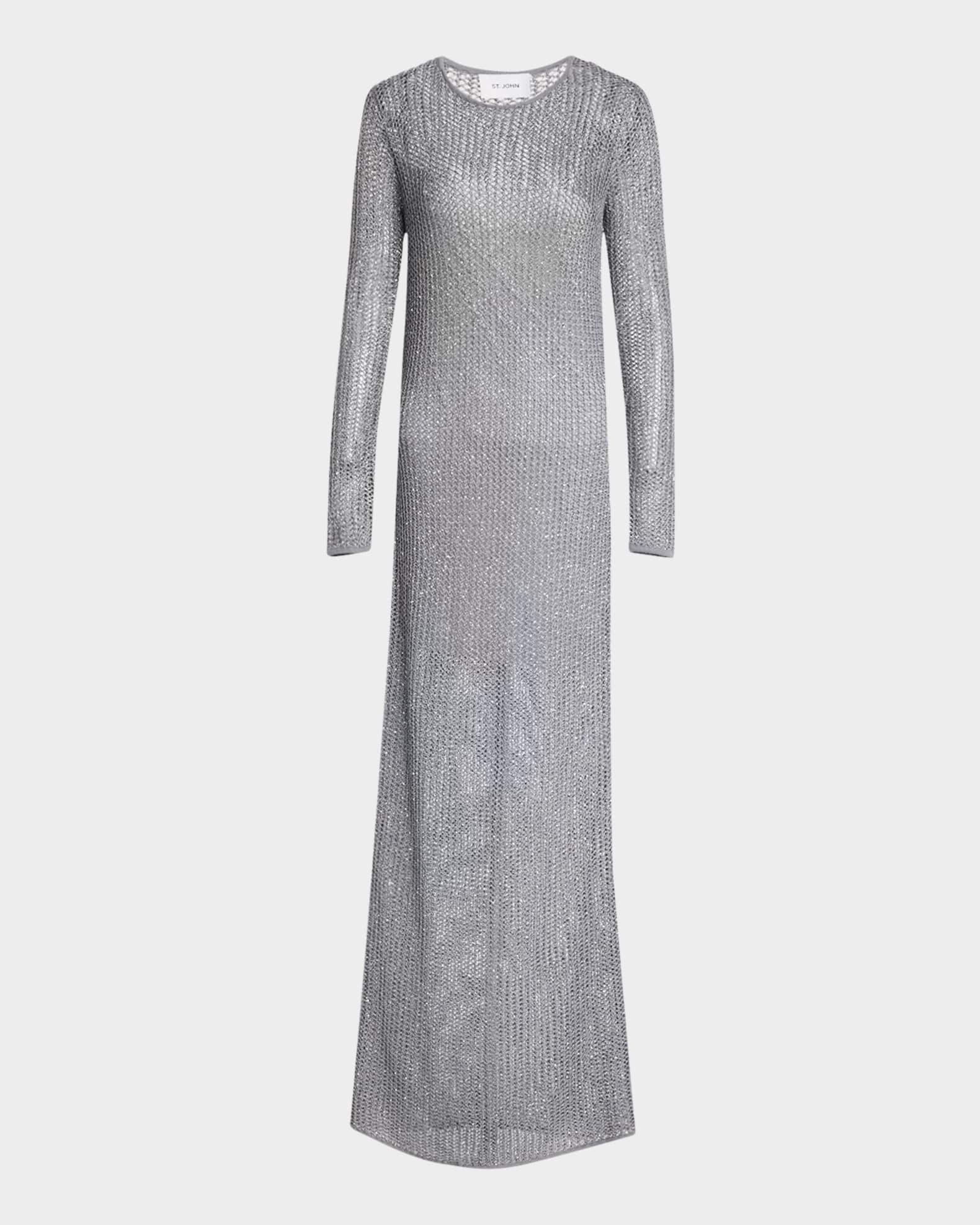 Sequin Mesh Knit Long-Sleeve Gown With Slip 0