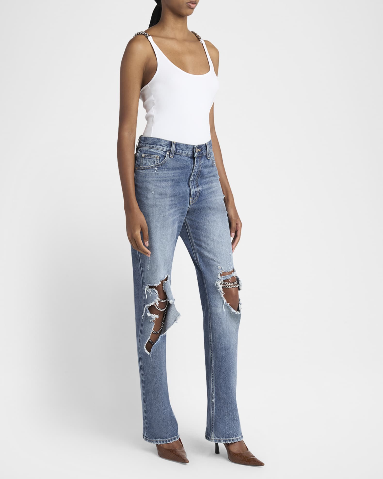 デニム・ジーパン Stella Mccartney Straight Leg Jeans Stella McCartney Chain Distressed Knee Straight-Leg Jeans