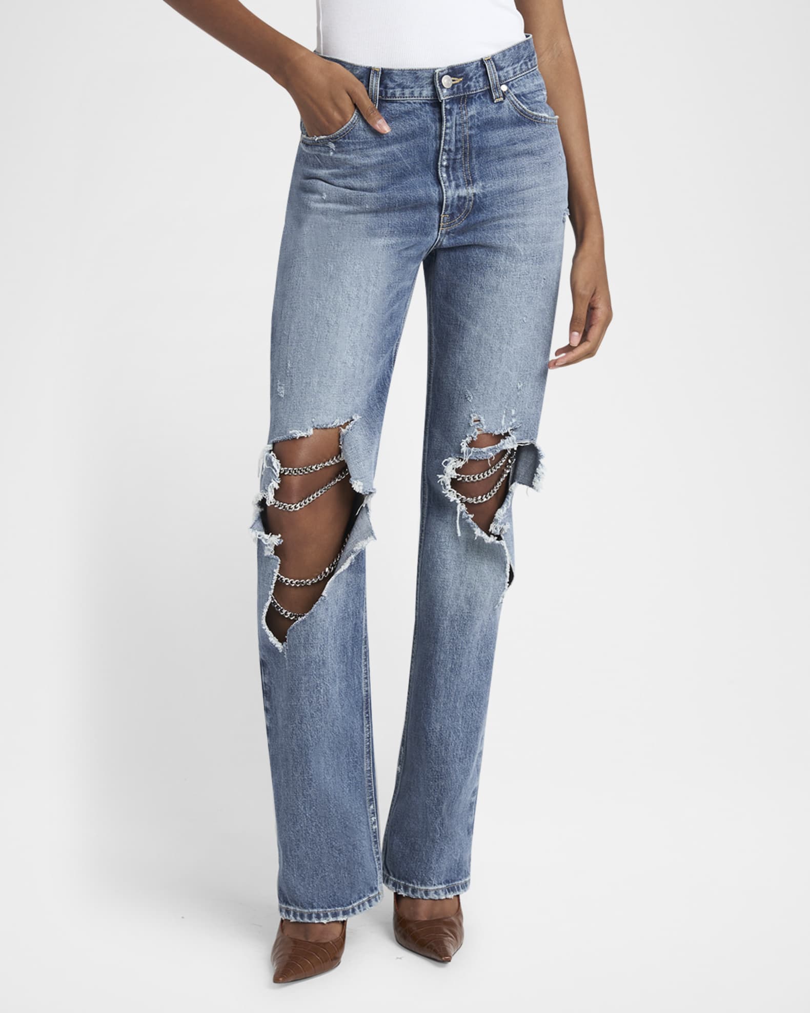 Stella McCartney Chain Distressed Knee Straight-Leg Jeans