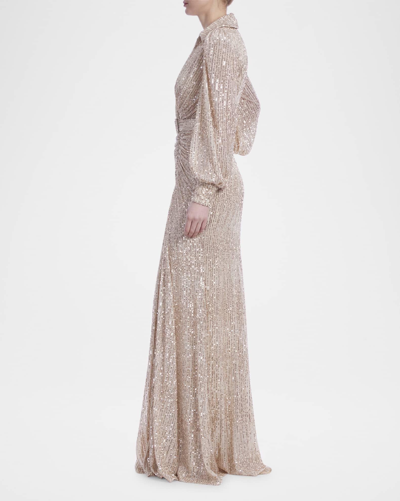 Badgley Mischka Collection Ruched Sequin Column Shirt Gown Neiman Marcus