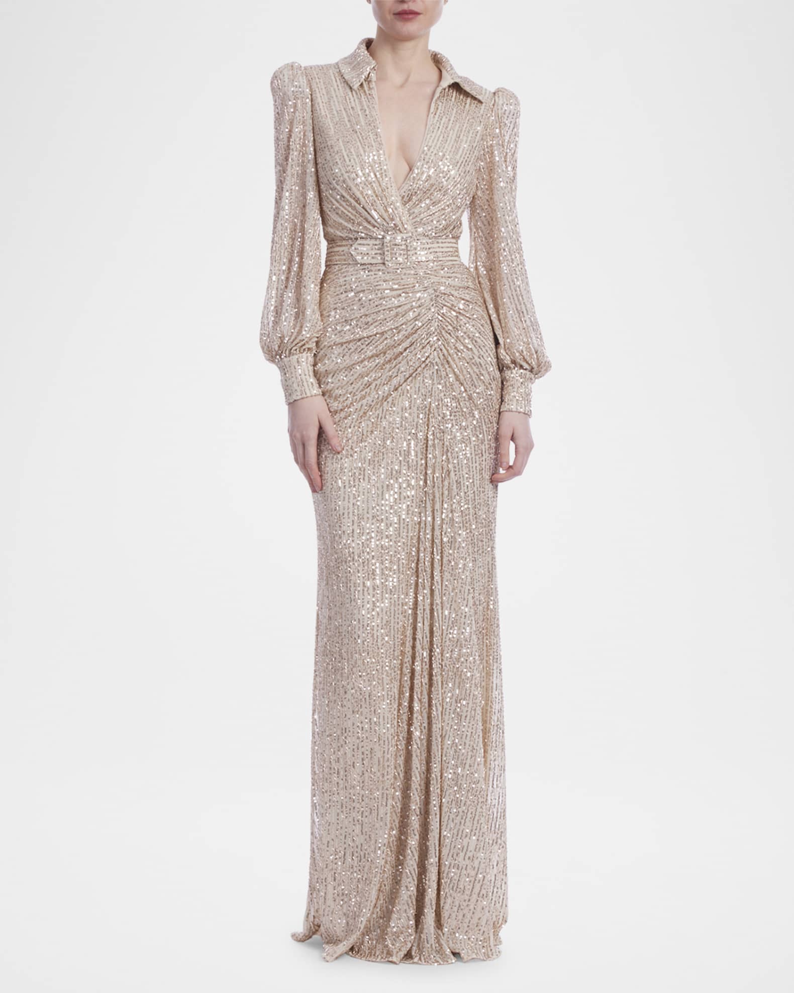 Ruched Sequin Column Shirt Gown