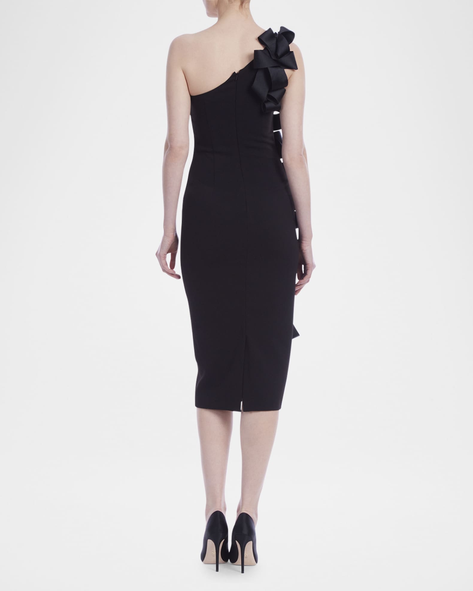 Badgley Mischka Side Ribbon Bow One Shoulder Sheath Dress Size 8 in Black