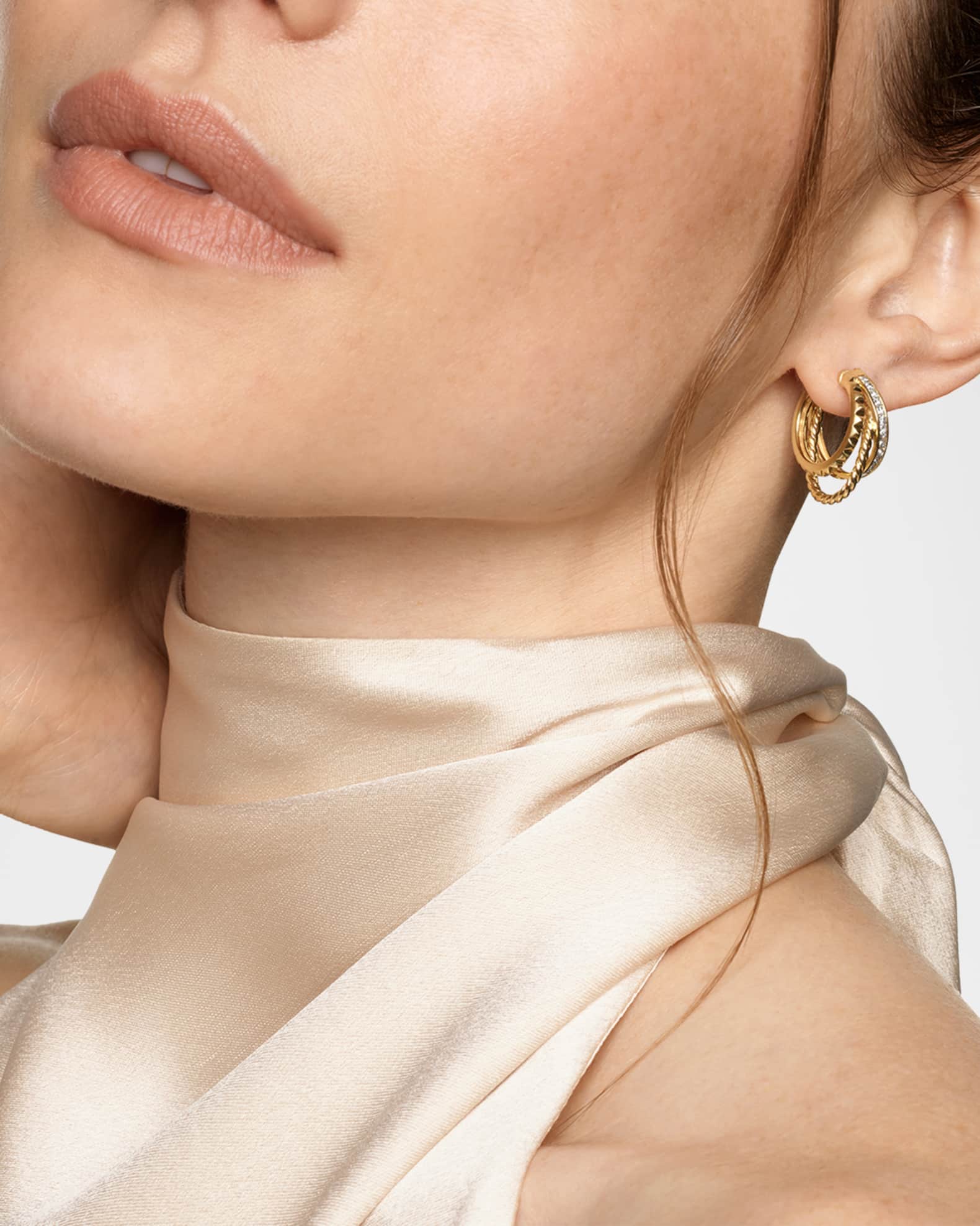 DY Crossover Trio Multi-Row Hoop Earrings with Diamonds in 18K Gold, 9mm 1