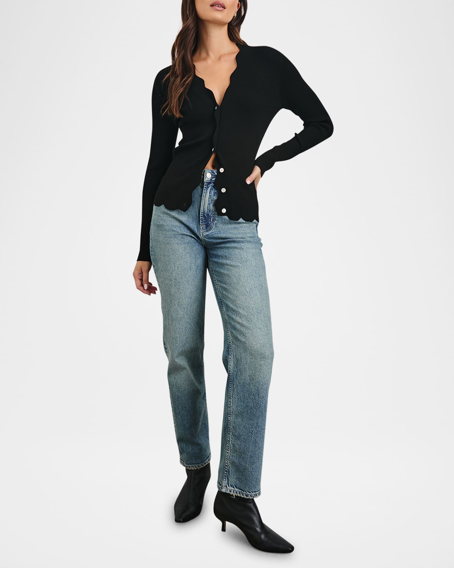 Dita Ribbed Scallop-Trim Cardigan  1