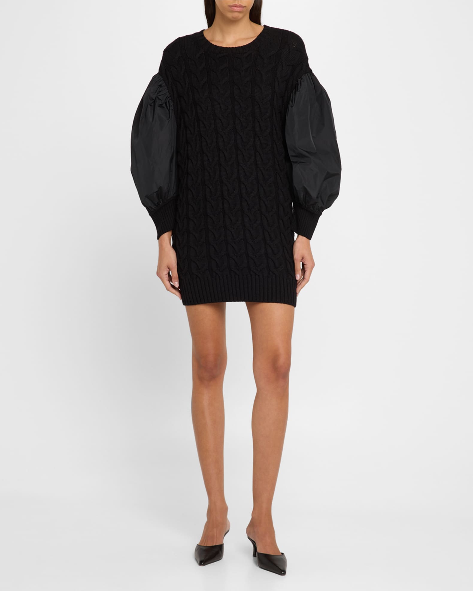 Ancella Silk Puff-Sleeve Cable Knit Tunic Sweater 1