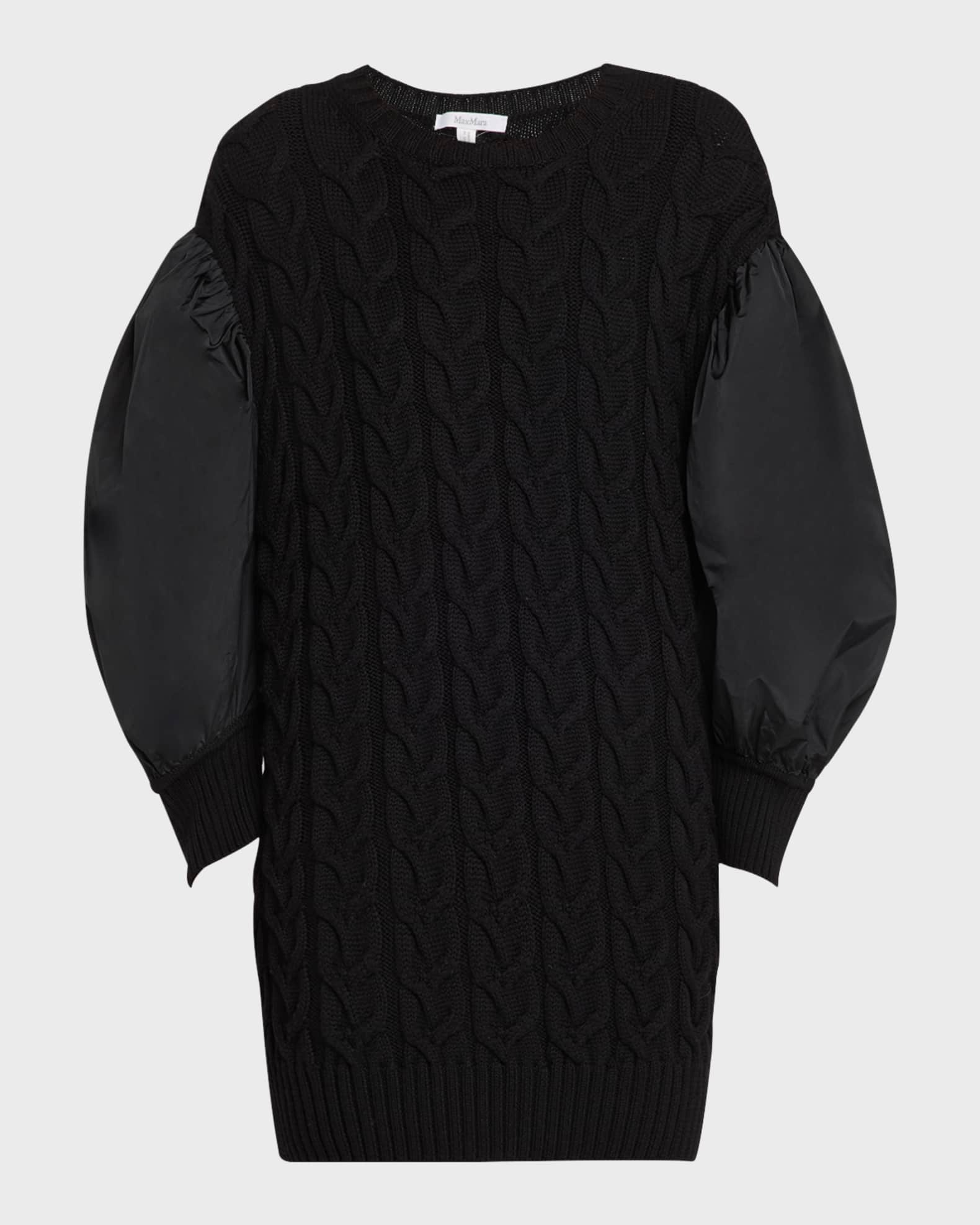 Ancella Silk Puff-Sleeve Cable Knit Tunic Sweater 0