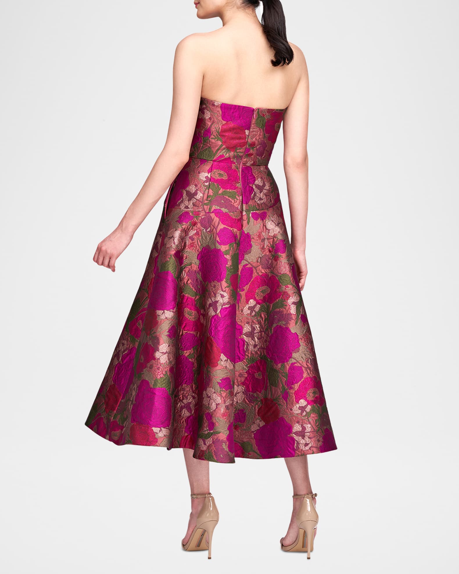 Theia Metallic Jacquard Midi Dress Rose Gold