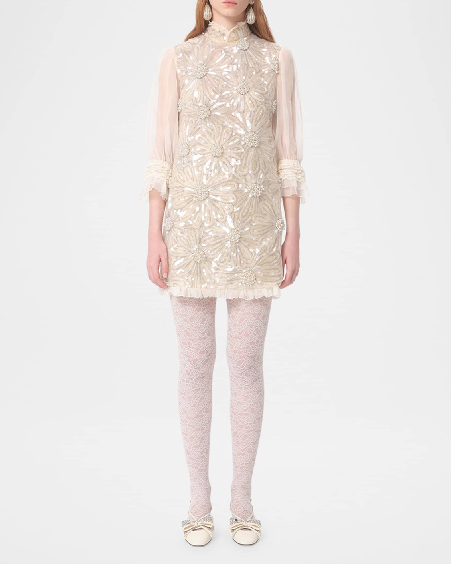 Valentino Garavani Floral Sequined Sheer Lace-Sleeve Mini