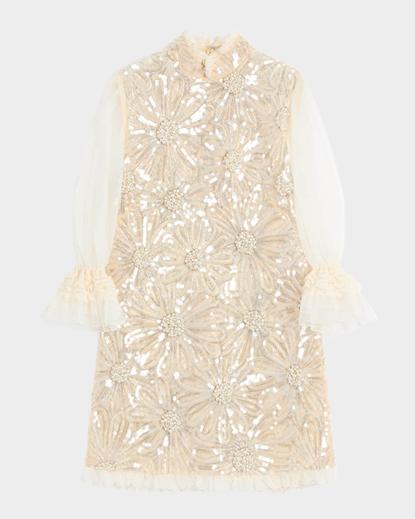 Valentino Garavani Floral Sequined Sheer Lace-Sleeve Mini