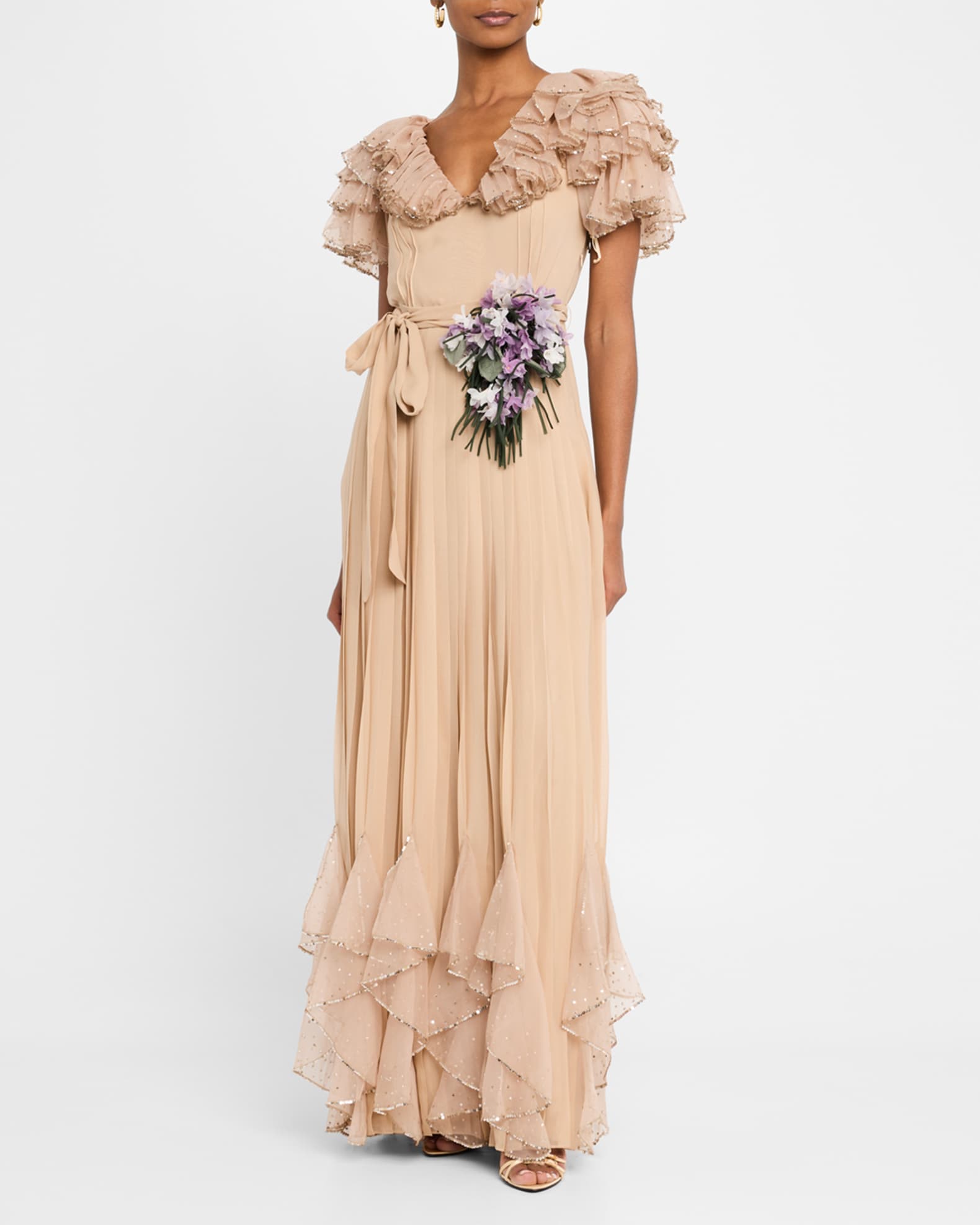 Ruffle V-Neck Belted Silk Gown 1