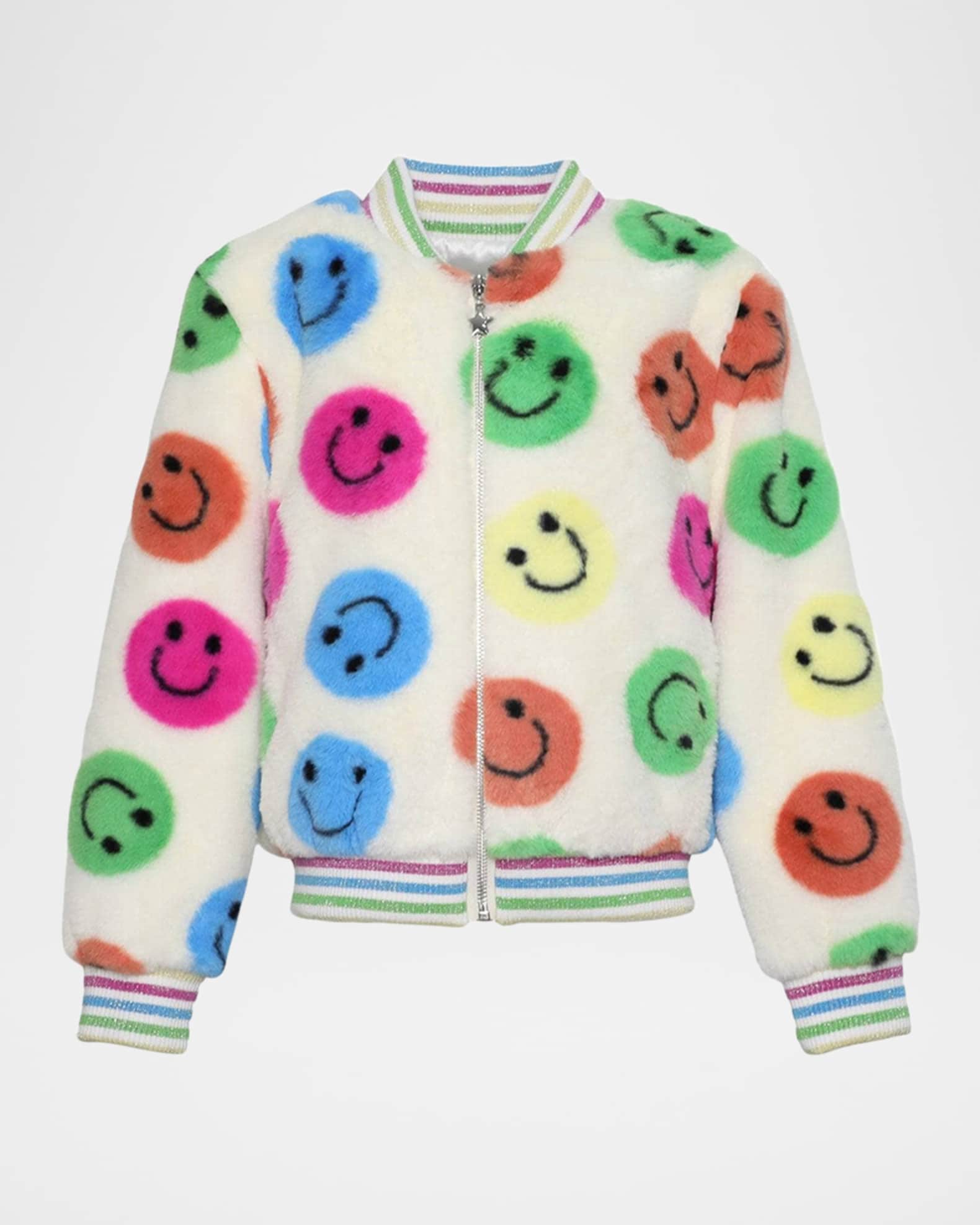 Girl's Rainbow Happy Face Plush Bomber Jacket, Size 2-14 0