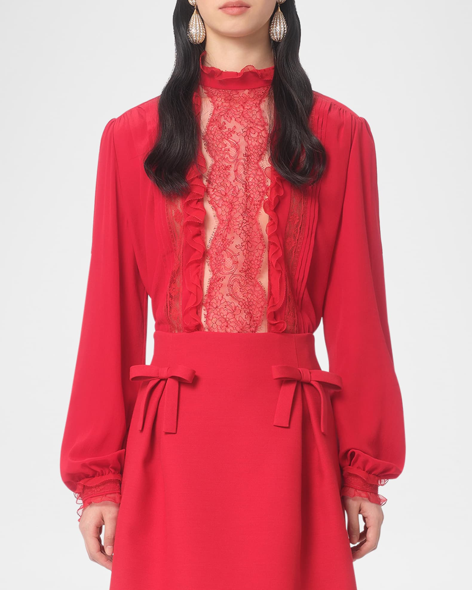 Valentino Garavani High Neck Ruffle Lace Bib Silk Blouse Neiman Marcus