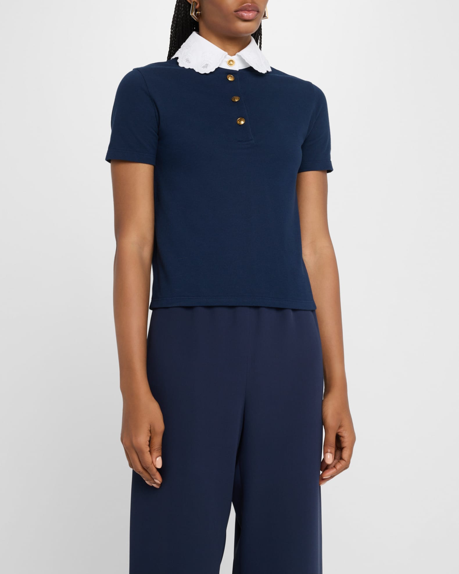 Valentino Garavani Lace-Collar Short-Sleeve Knit Polo Top | Neiman  