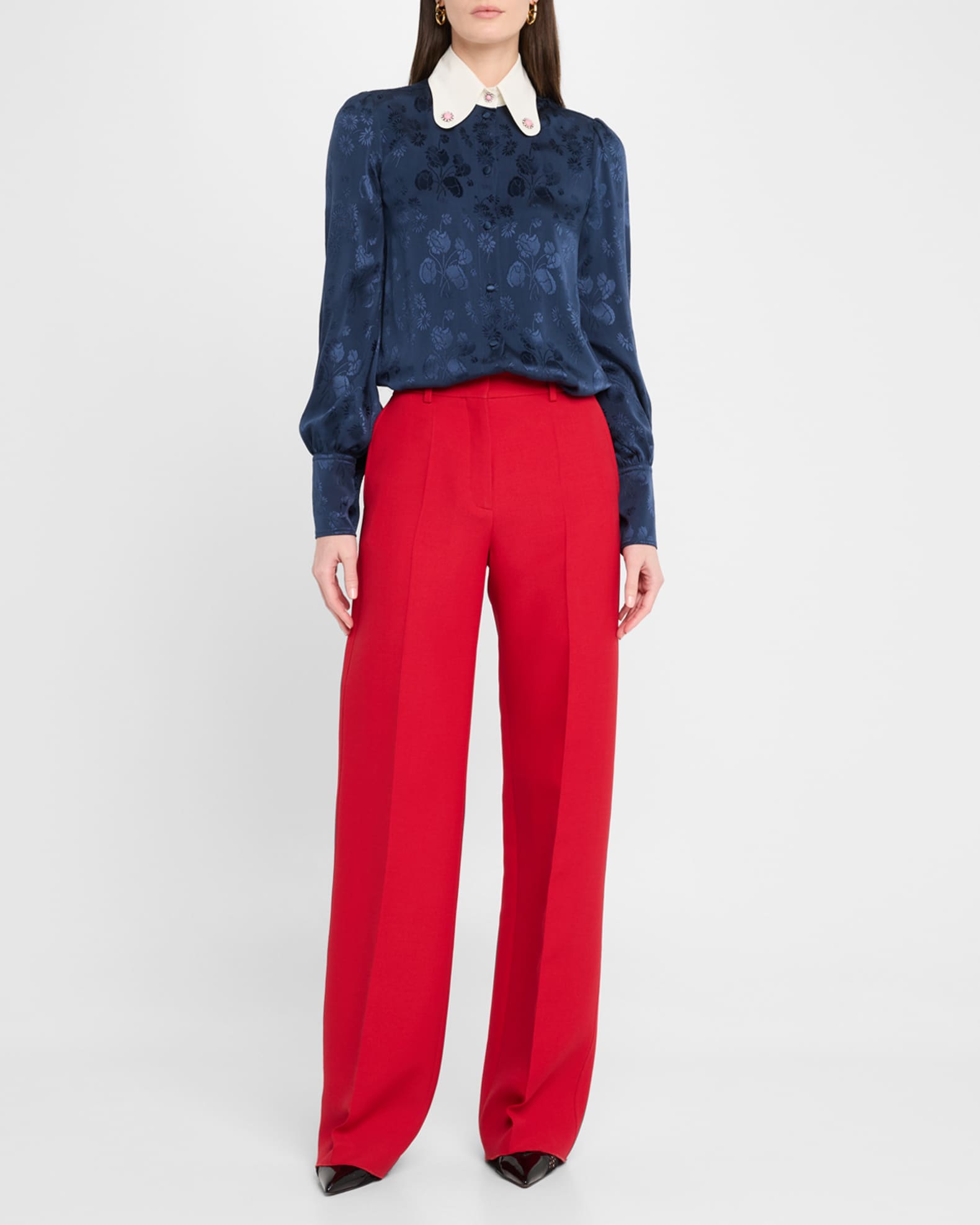 Floral Silk Jacquard Round-Collar Button-Down Blouse 1