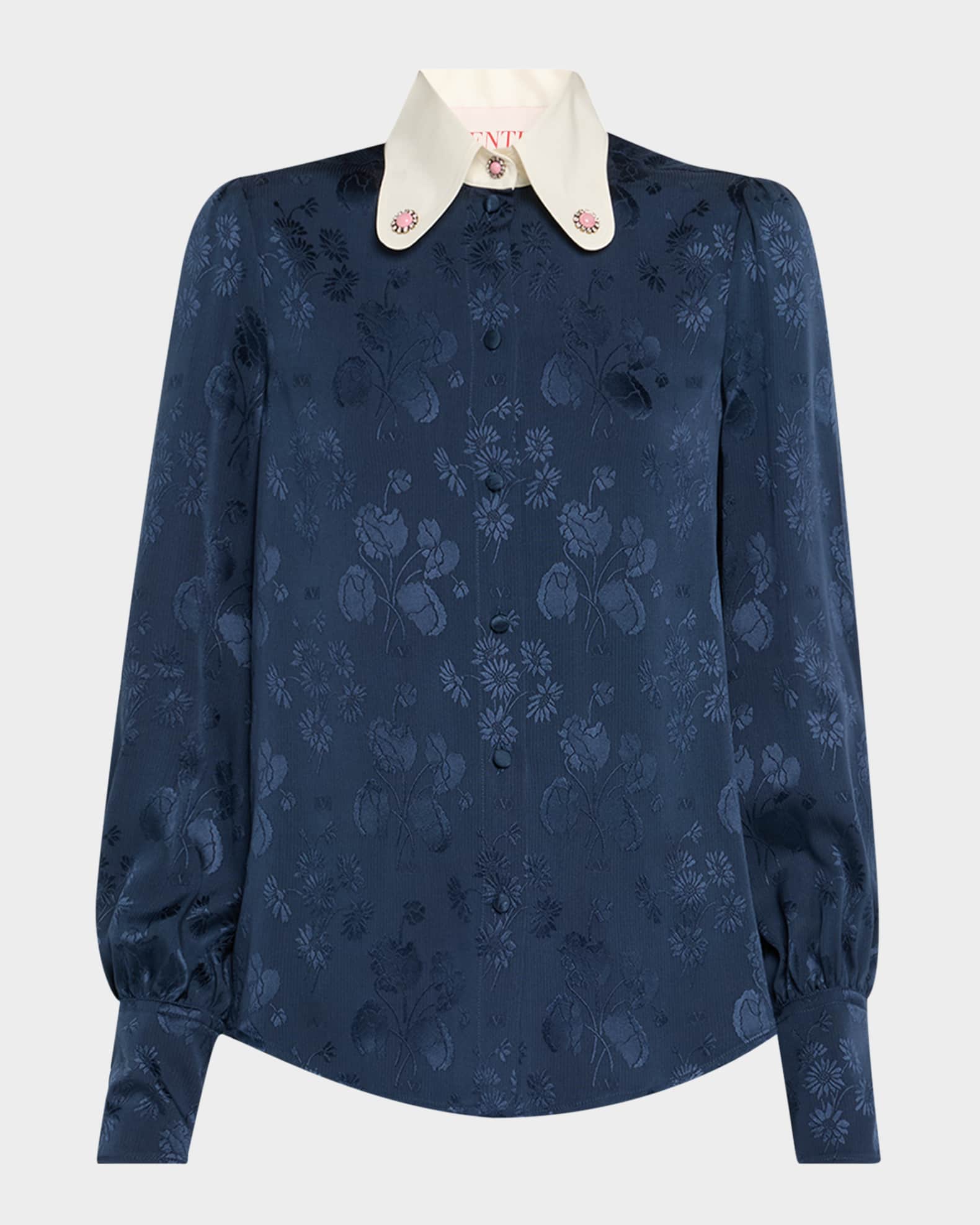 Floral Silk Jacquard Round-Collar Button-Down Blouse 0