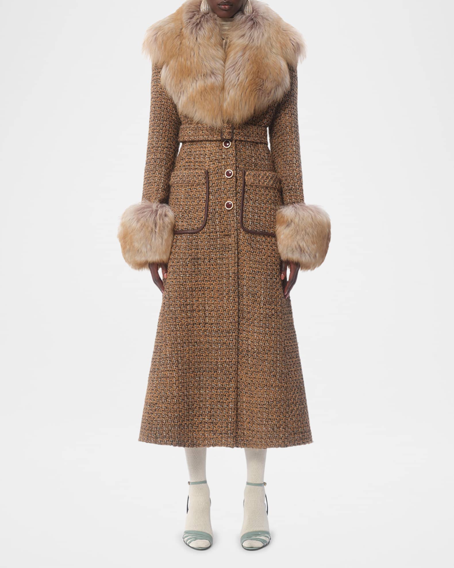 Faux Fur Trimmed Tweed Belted Coat