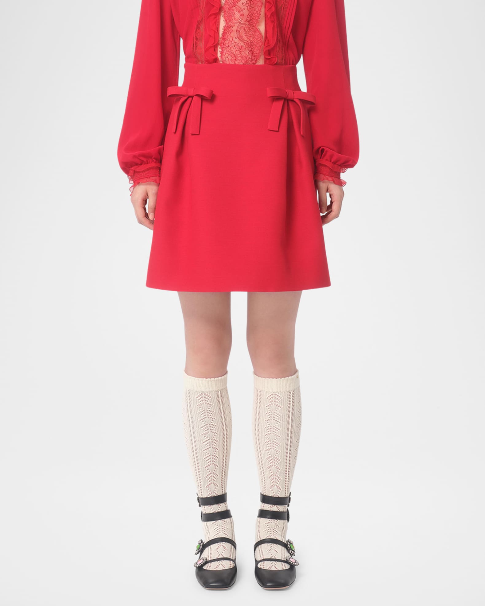 Valentino Flared Bow Wool Mini Skirt Dark Red