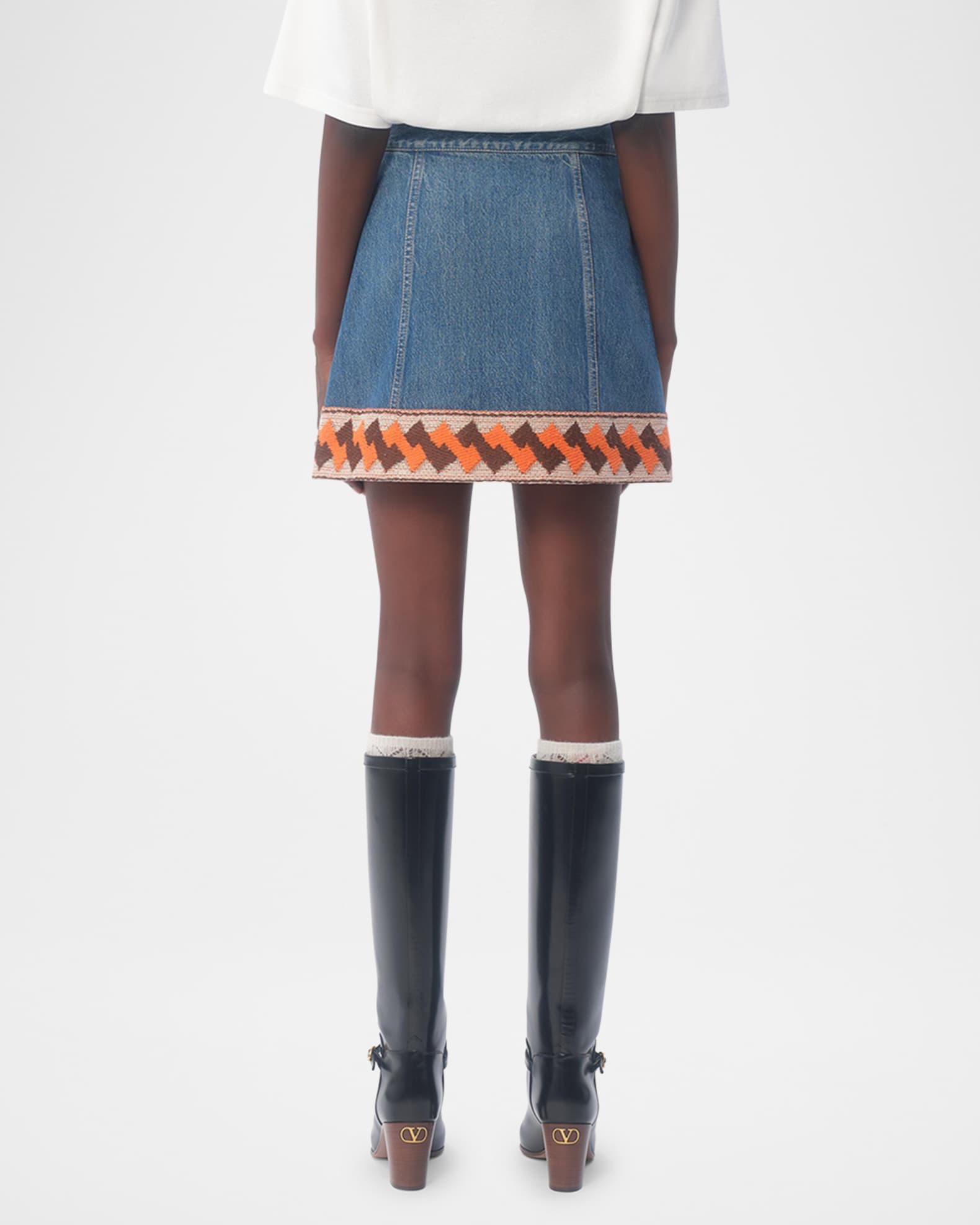 【関税&送料込】Valentino Garavani Denim Mini Skirt Blue Jacquard-trimmed paneled denim mini skirt | VALENTINO