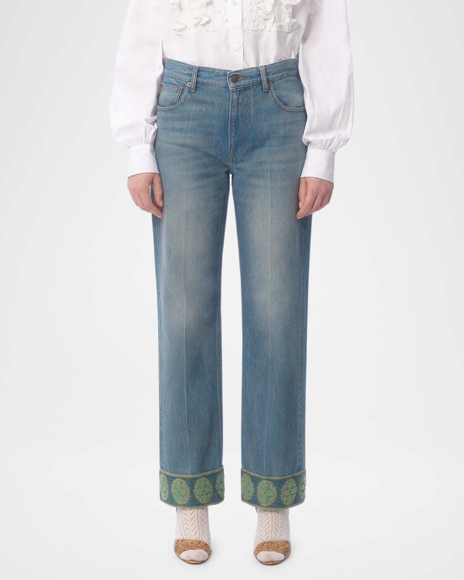 ボトムスその他 Valentino Washed blue jeans with floral fabric trims Valentino Washed blue jeans with floral fabric trims