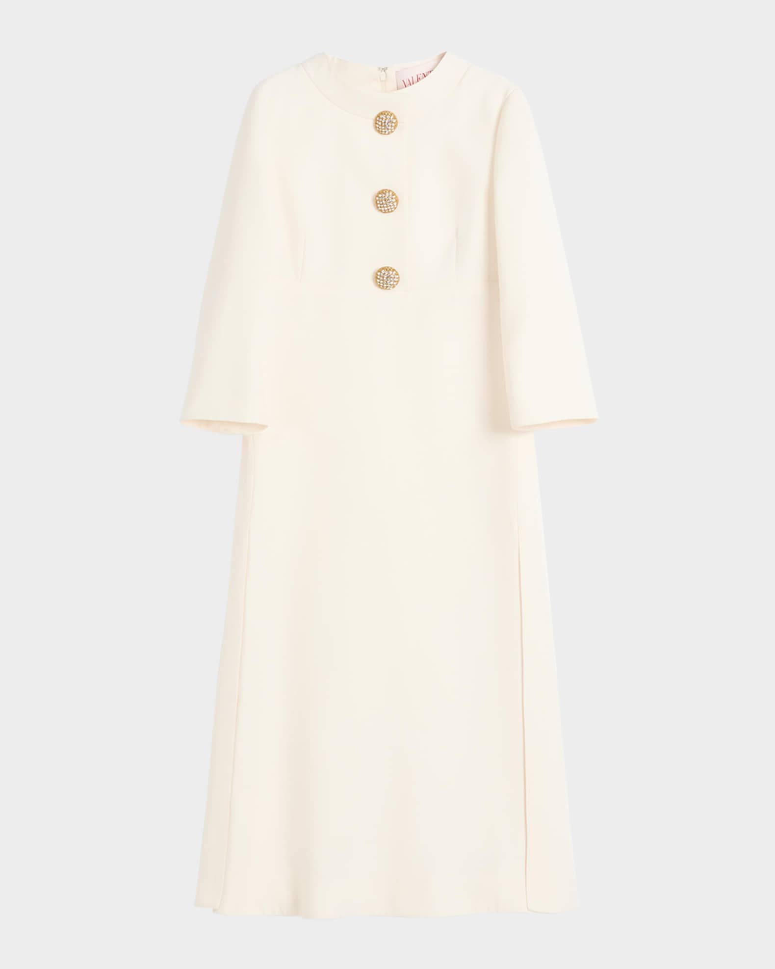 Quarter-Sleeve Brooch Wool Midi Dress 0