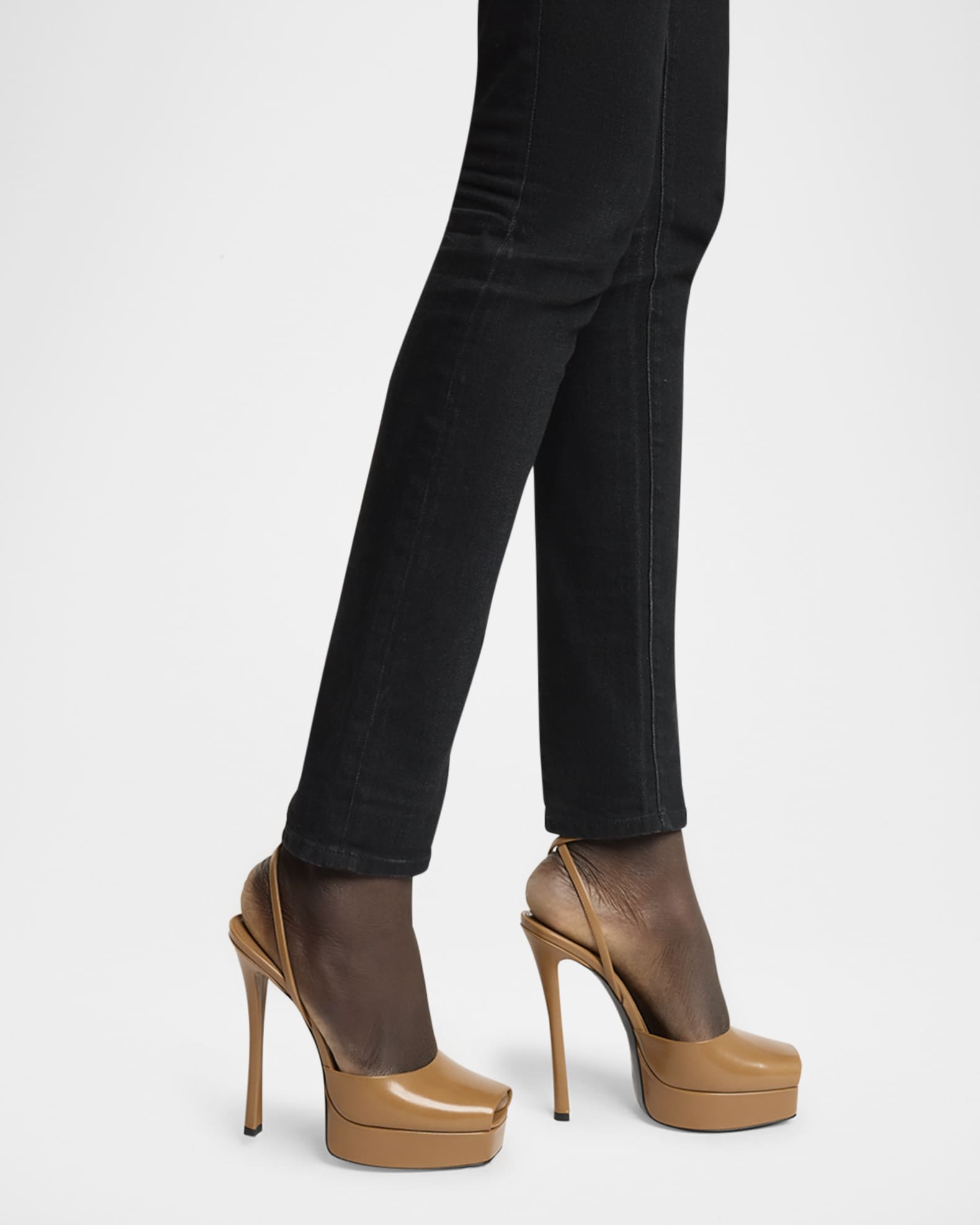 Saint Laurent La Scandale Leather Peep Toe Platform Sandals Macadamia Women s 38EU Sandals Platform Sandals