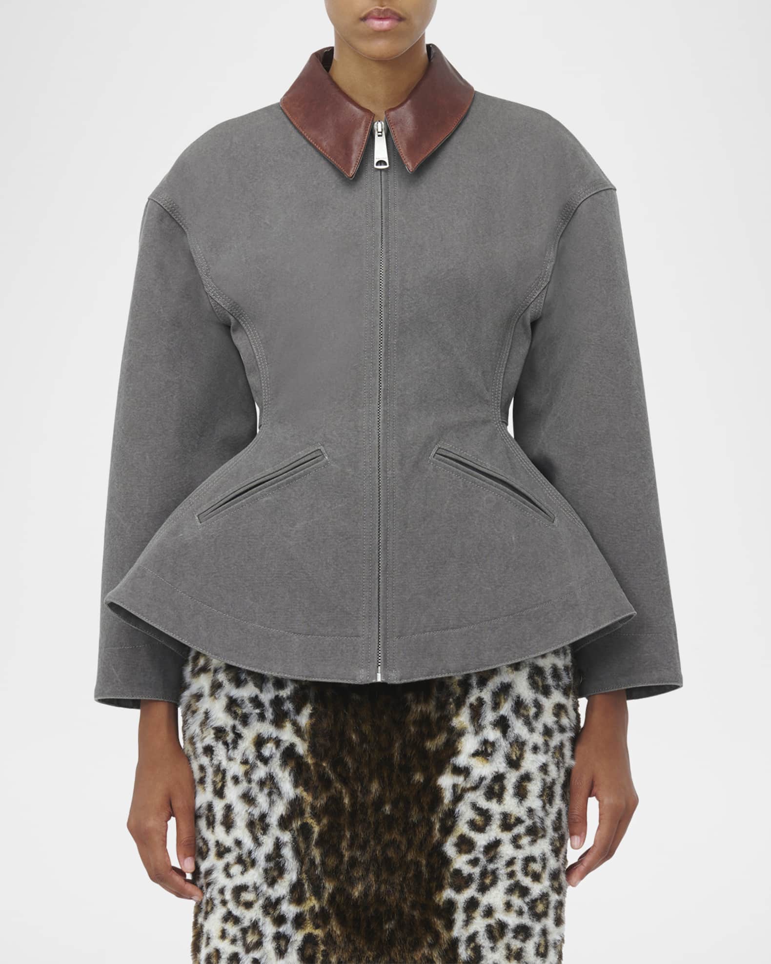 Waisted Canvas Full-Zip Jacket with Lambskin Collar 1