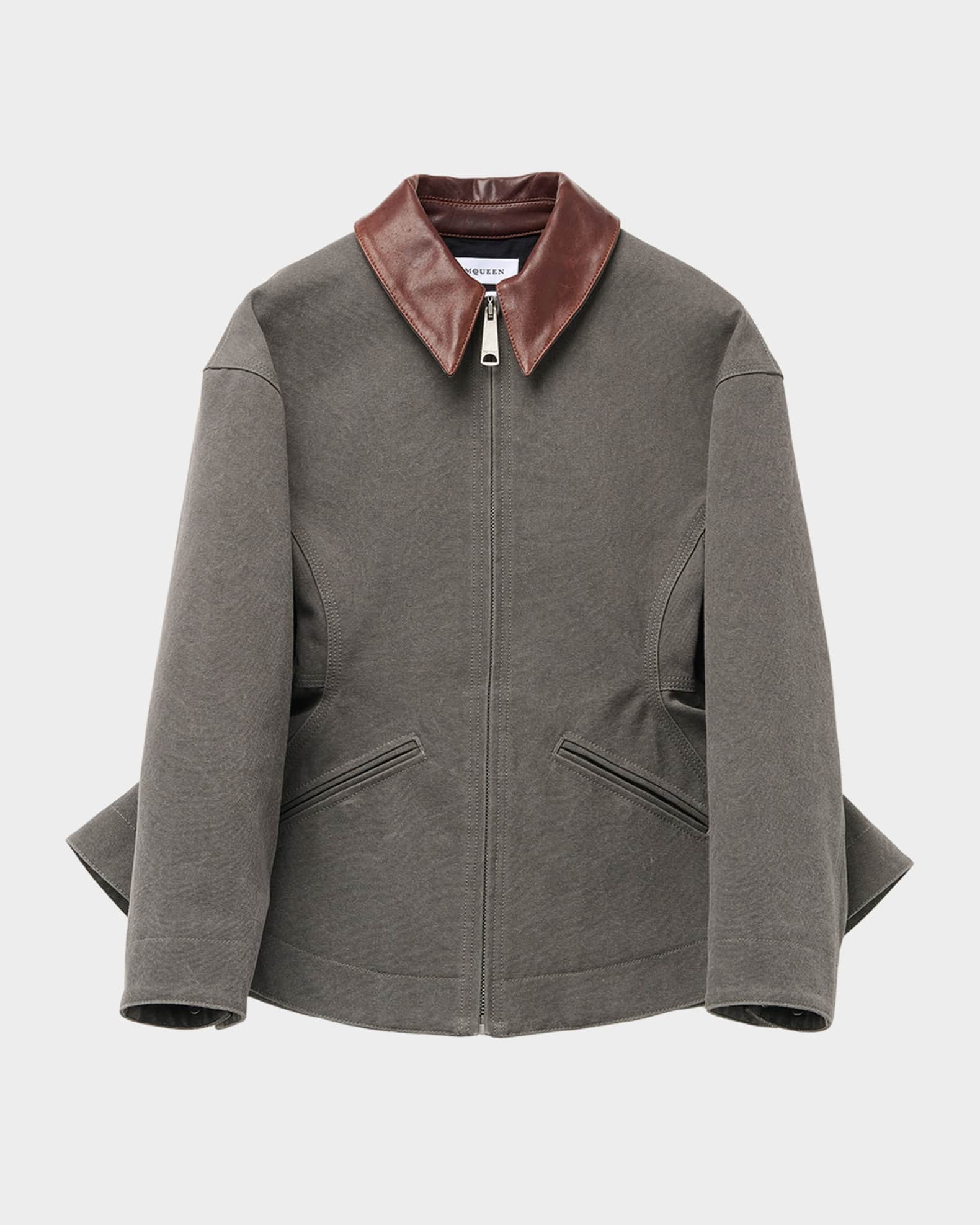 Waisted Canvas Full-Zip Jacket with Lambskin Collar 0