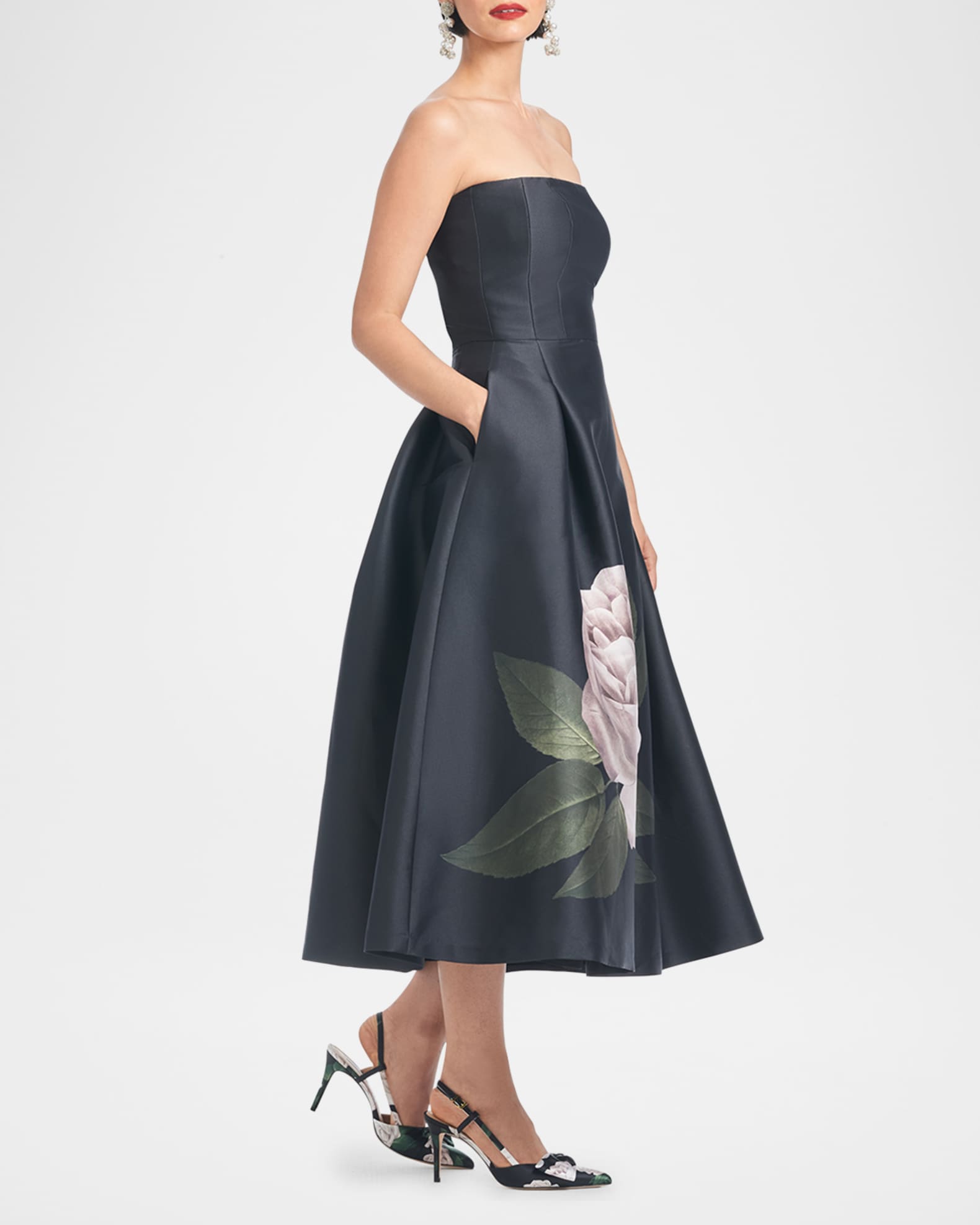 Shay Strapless Pleated Floral-Print Midi Dress 1