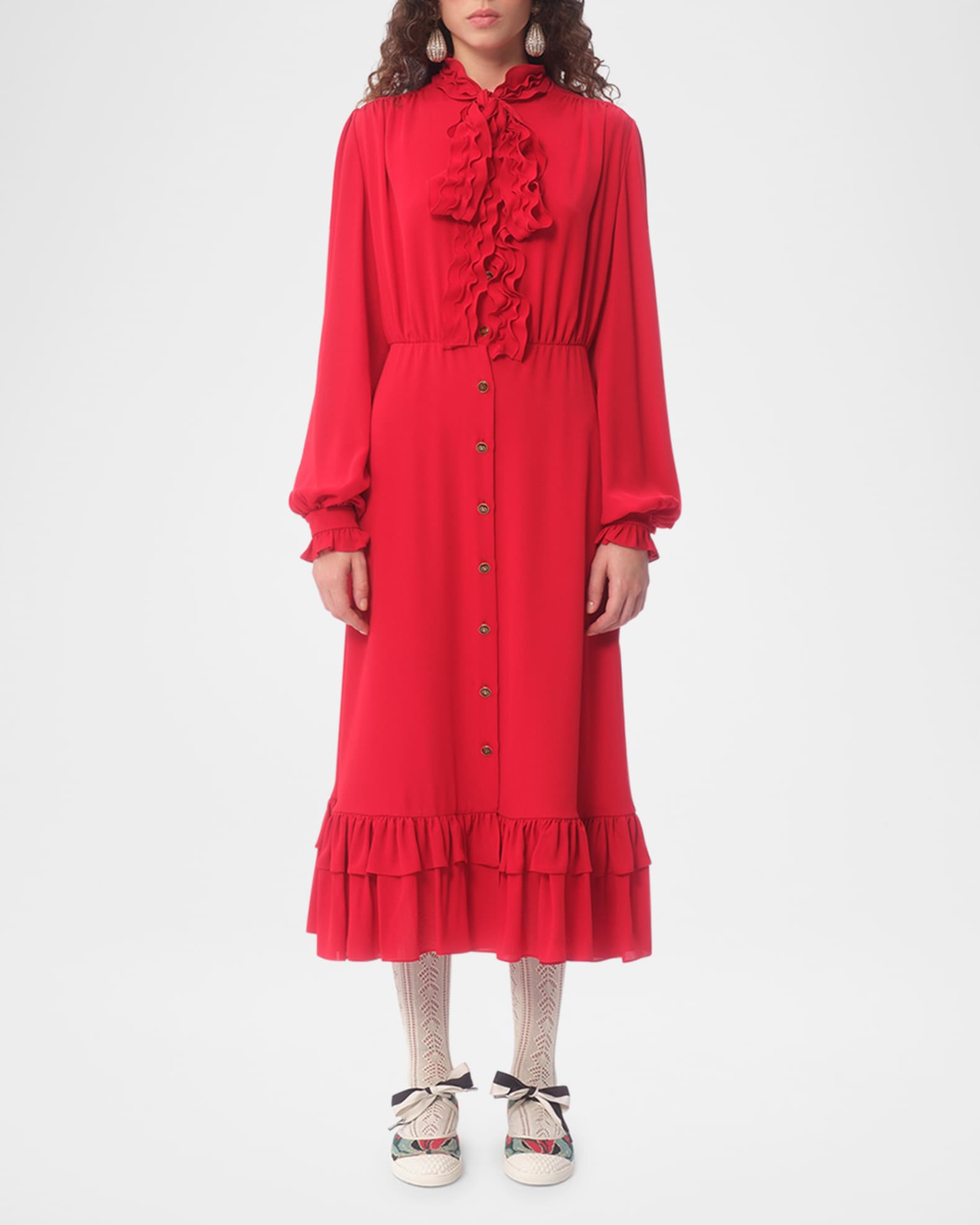 Valentino Garavani Ruffle Bow Long-Sleeve Silk Georgette