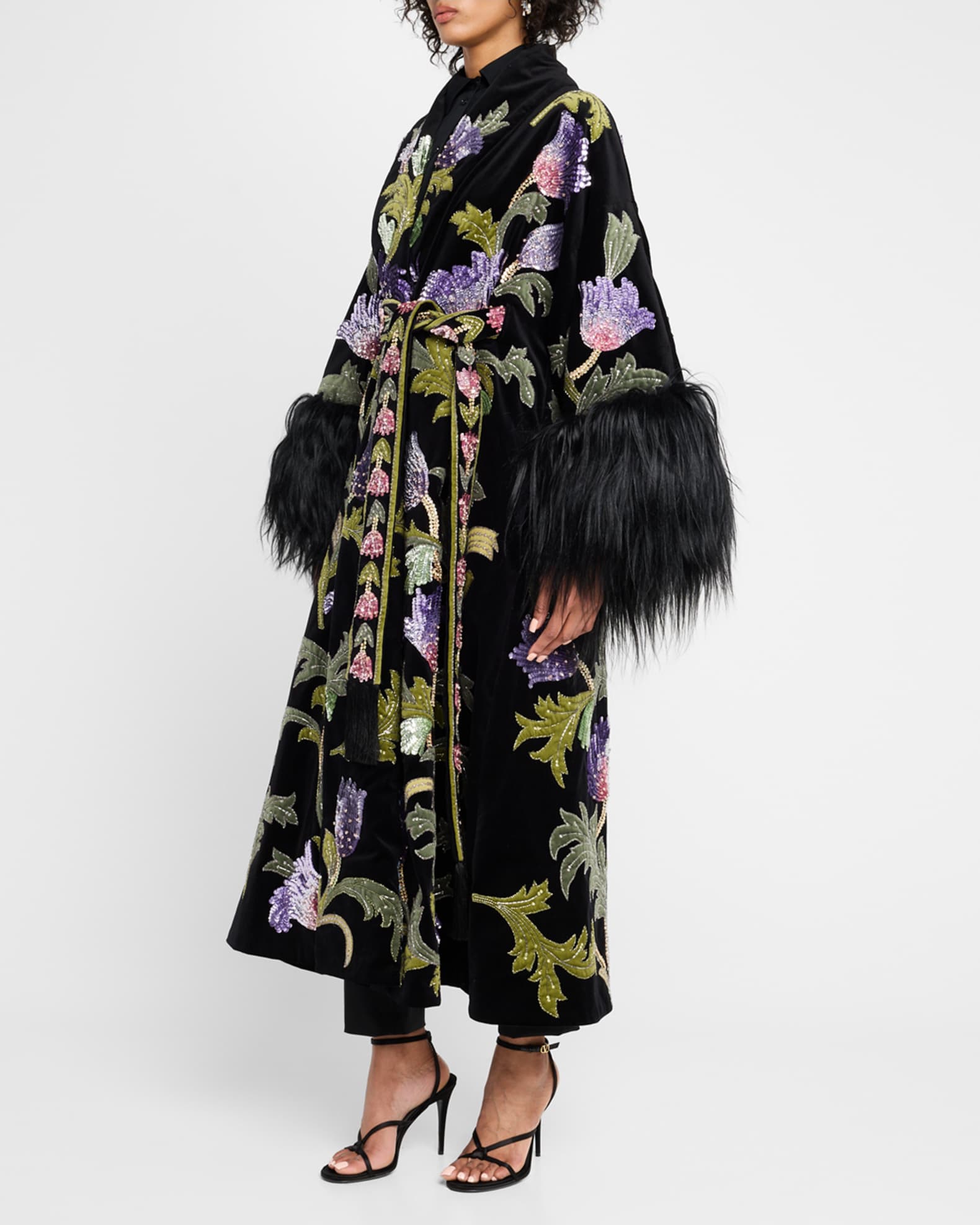 Valentino Garavani Sequined Velvet Wrap Coat With Goat Shearling