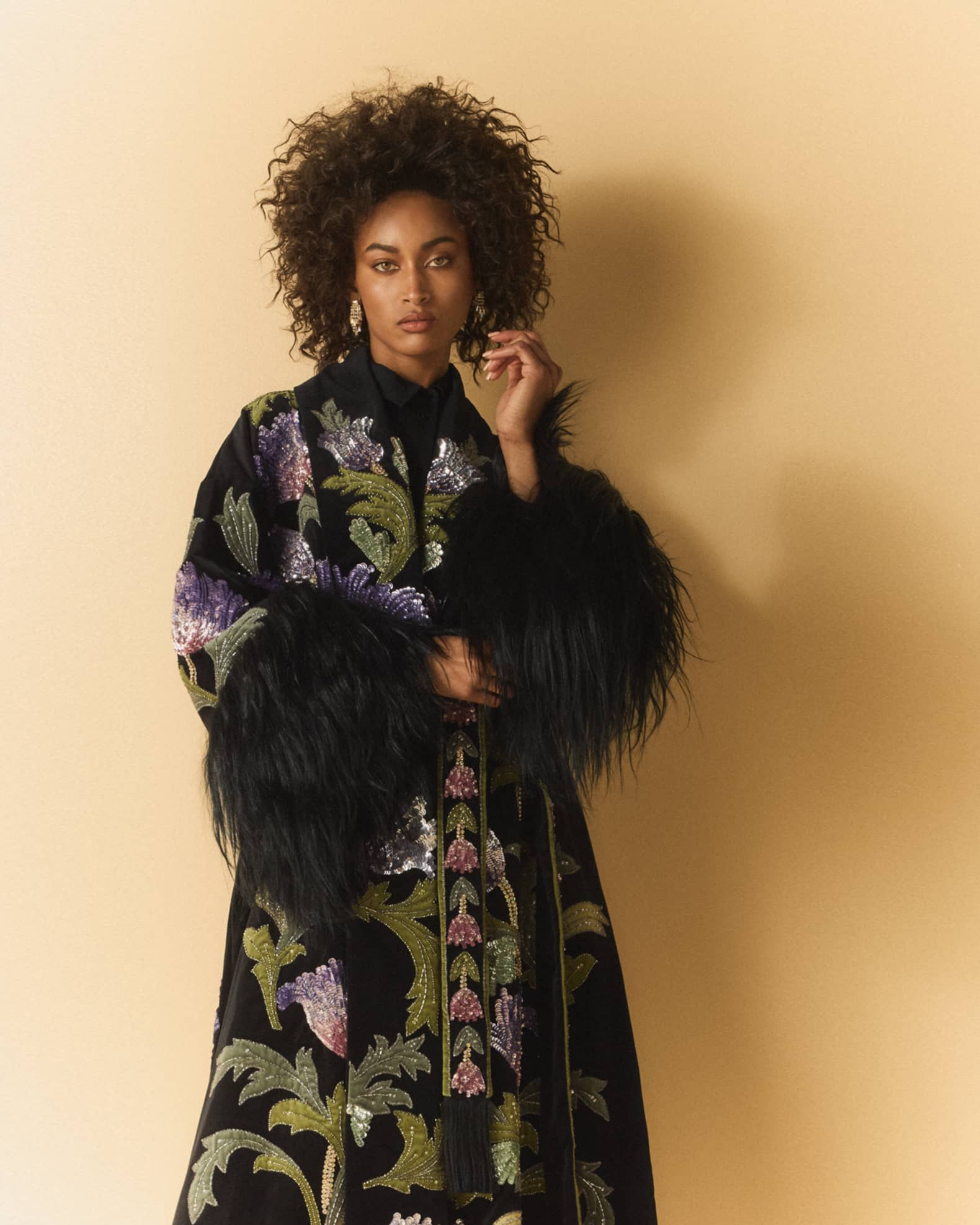 Valentino Garavani Sequined Velvet Wrap Coat With Goat Shearling