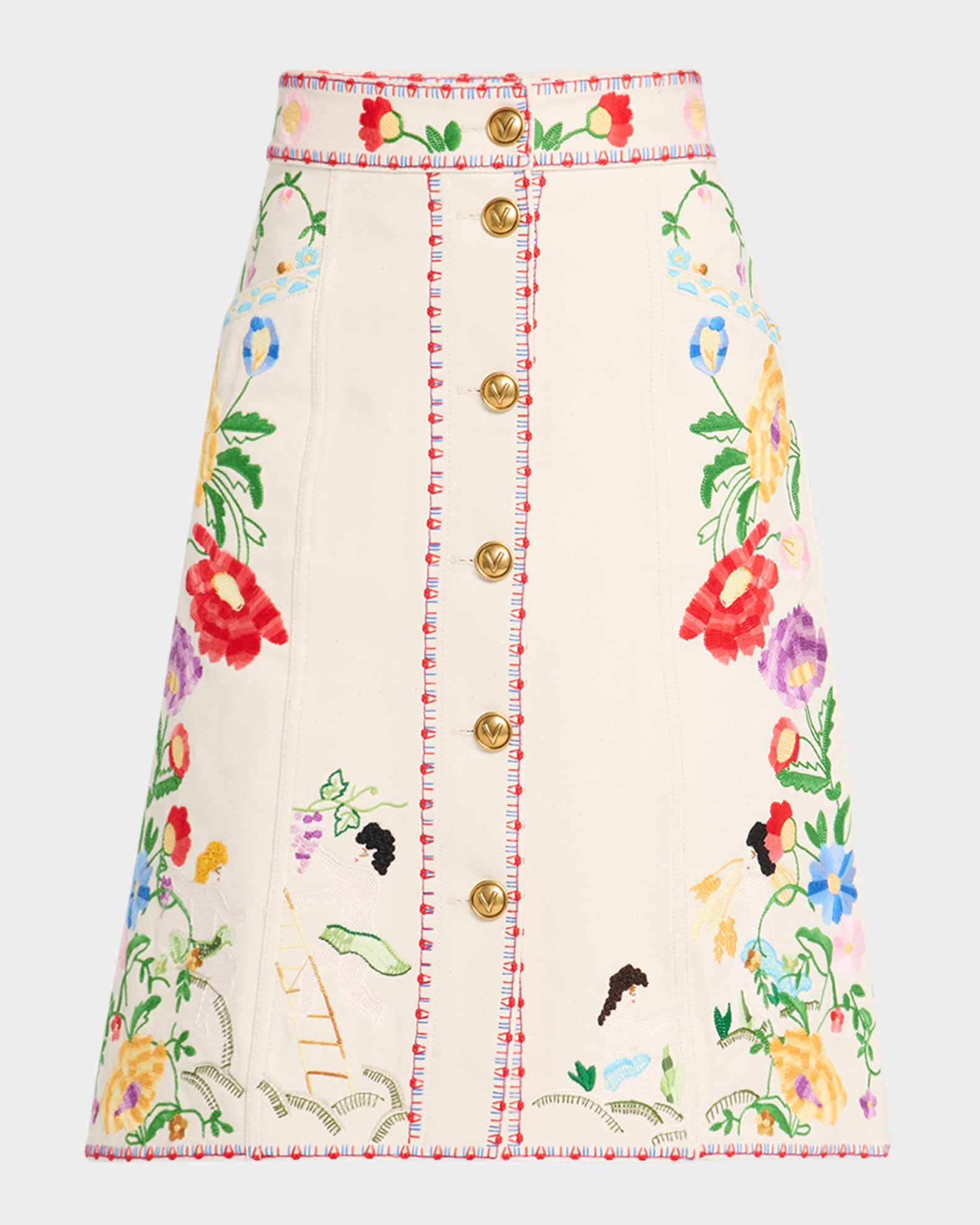 【関税＆送料込み】Valentino Garavani Denim Skirt Valentino Garavani Floral Embroidered Button-Front Denim