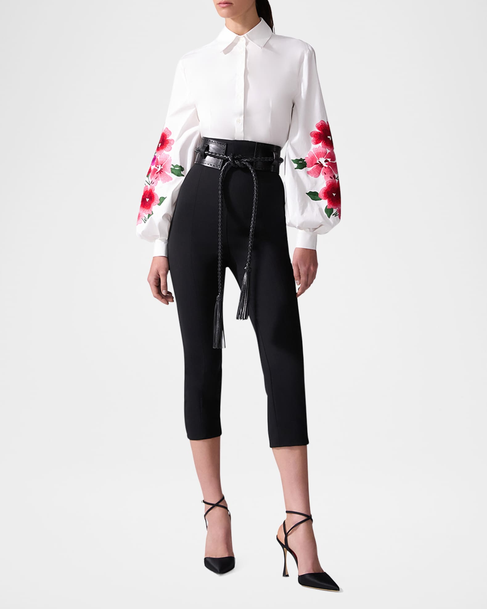 Floral-Embroidered Puff-Sleeve Button-Down Shirt 1