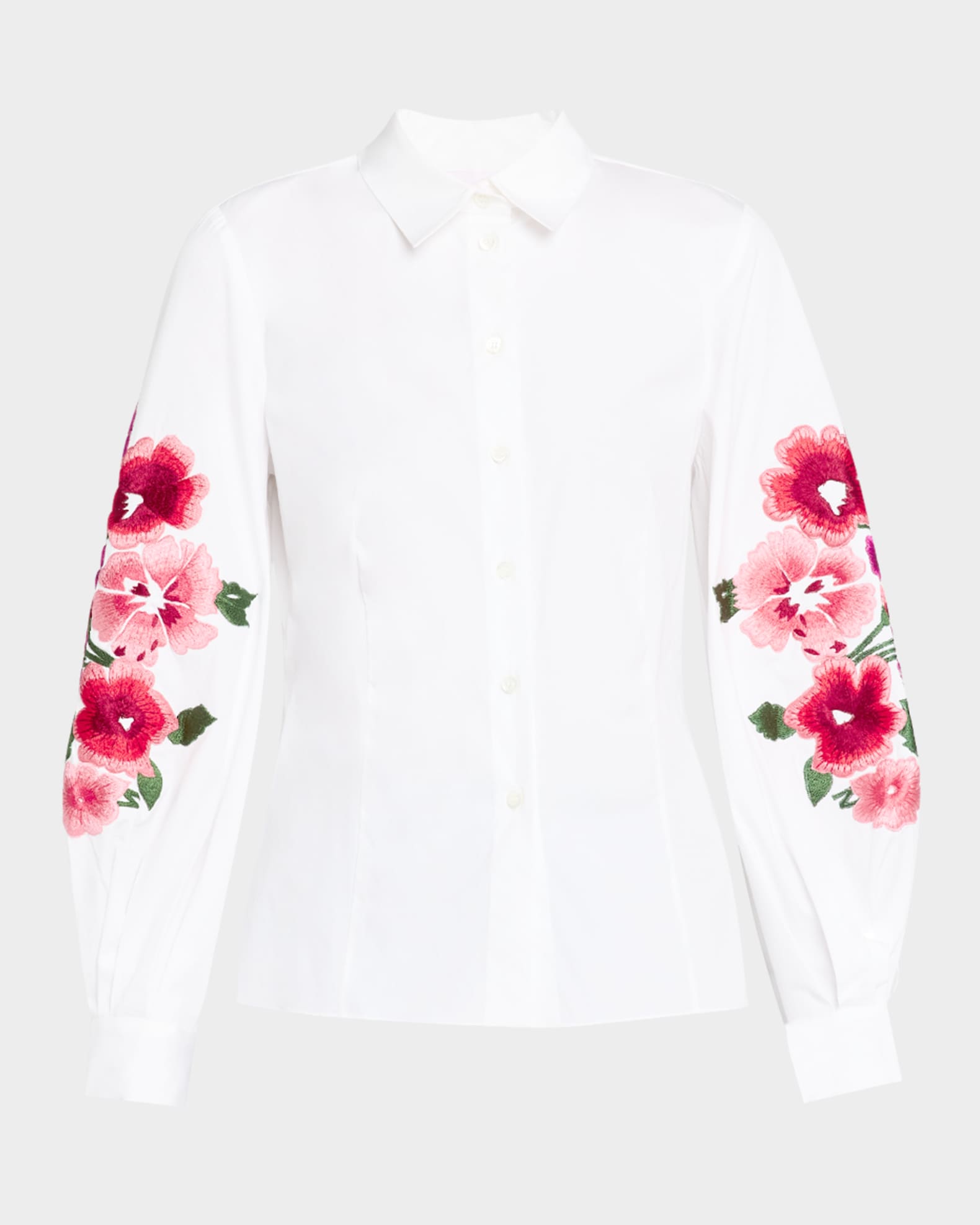 Floral-Embroidered Puff-Sleeve Button-Down Shirt 0
