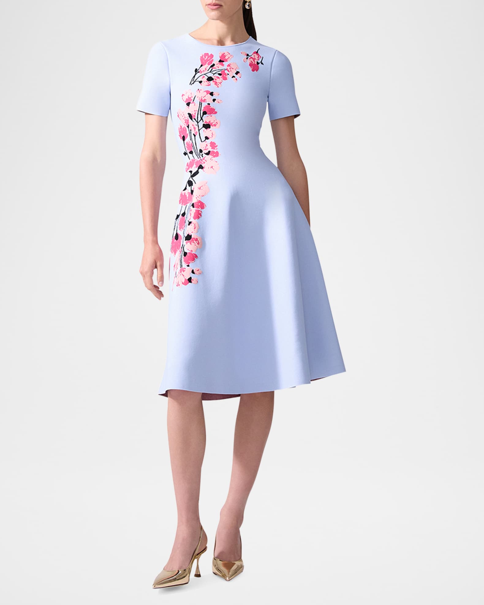 【メール便不可】 Carolina Dress Flare Short-Sleeve Jacquard Floral Herrera スカート