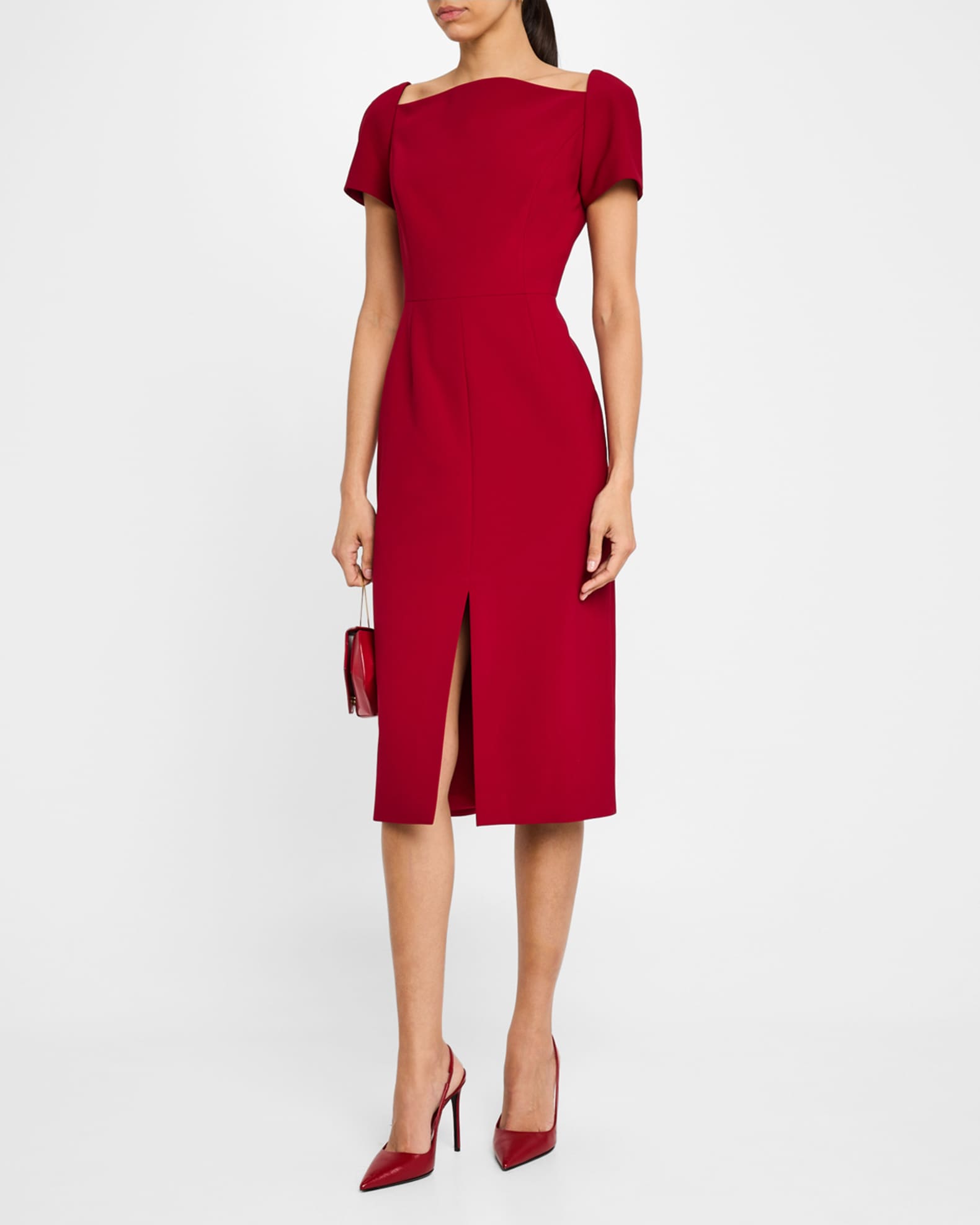 Curved-Neck Short-Sleeve Slit Midi Dress