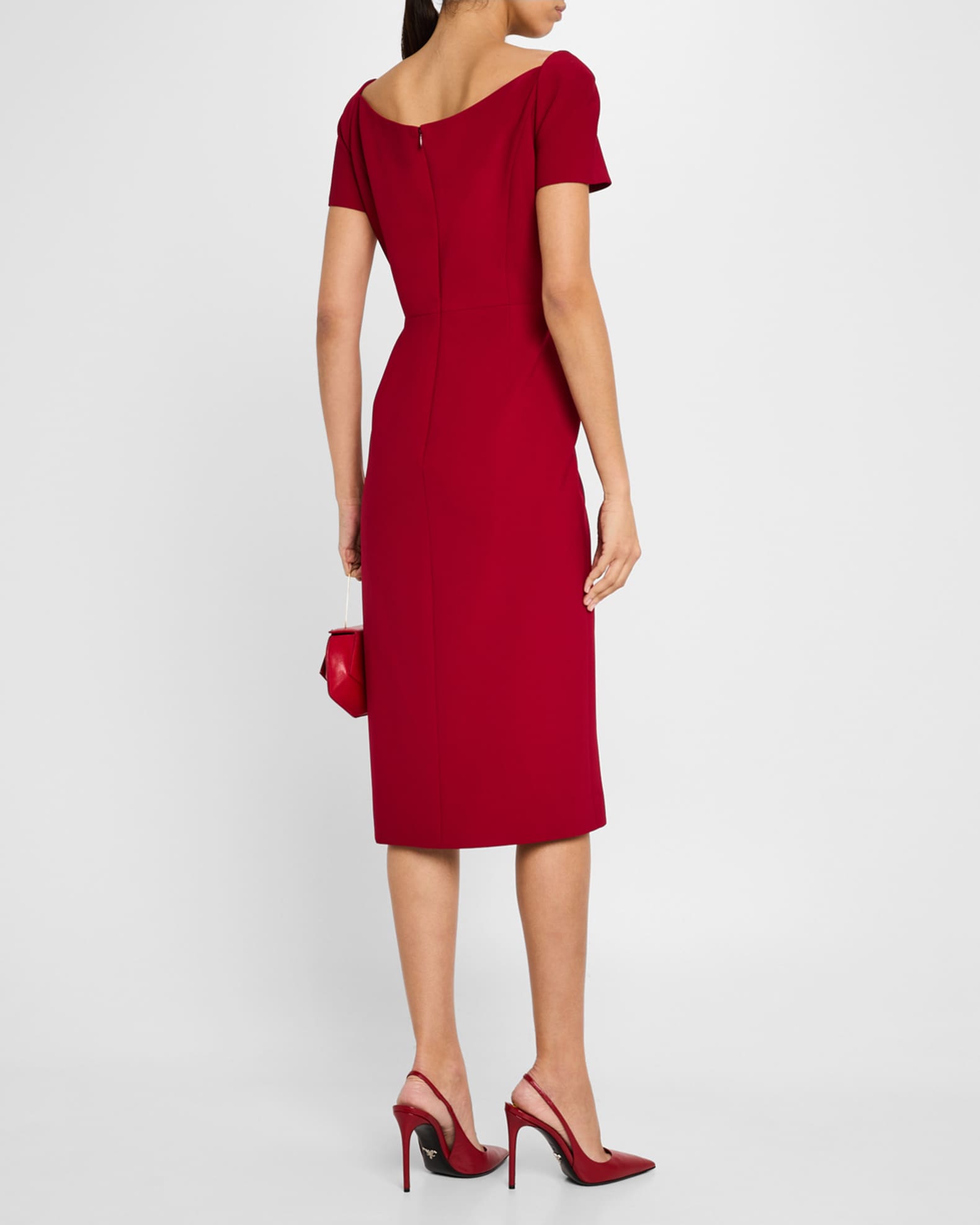 Curved-Neck Short-Sleeve Slit Midi Dress
